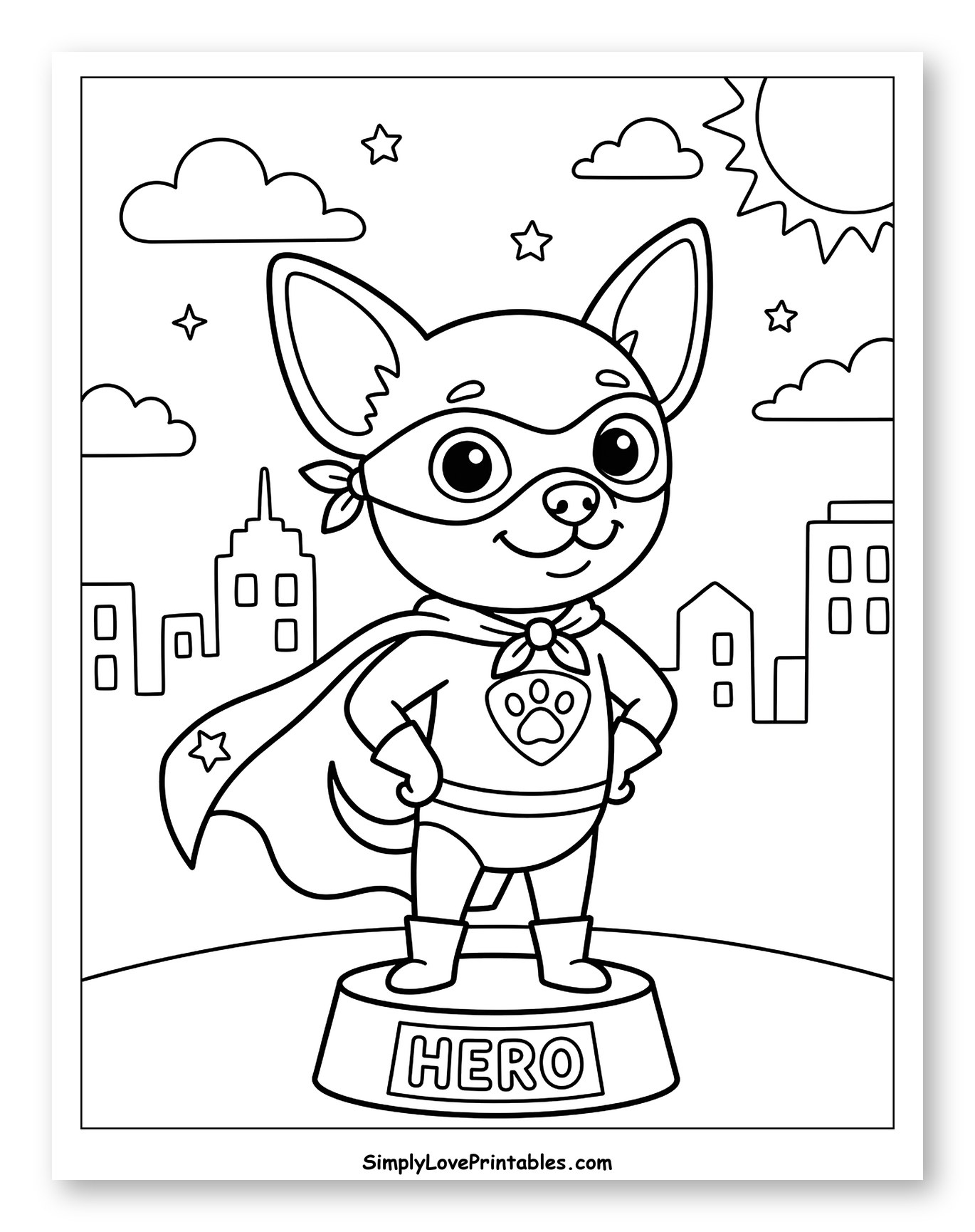 Superhero Chihuahua Dog on Hero Pedestal Coloring Page for Kids
