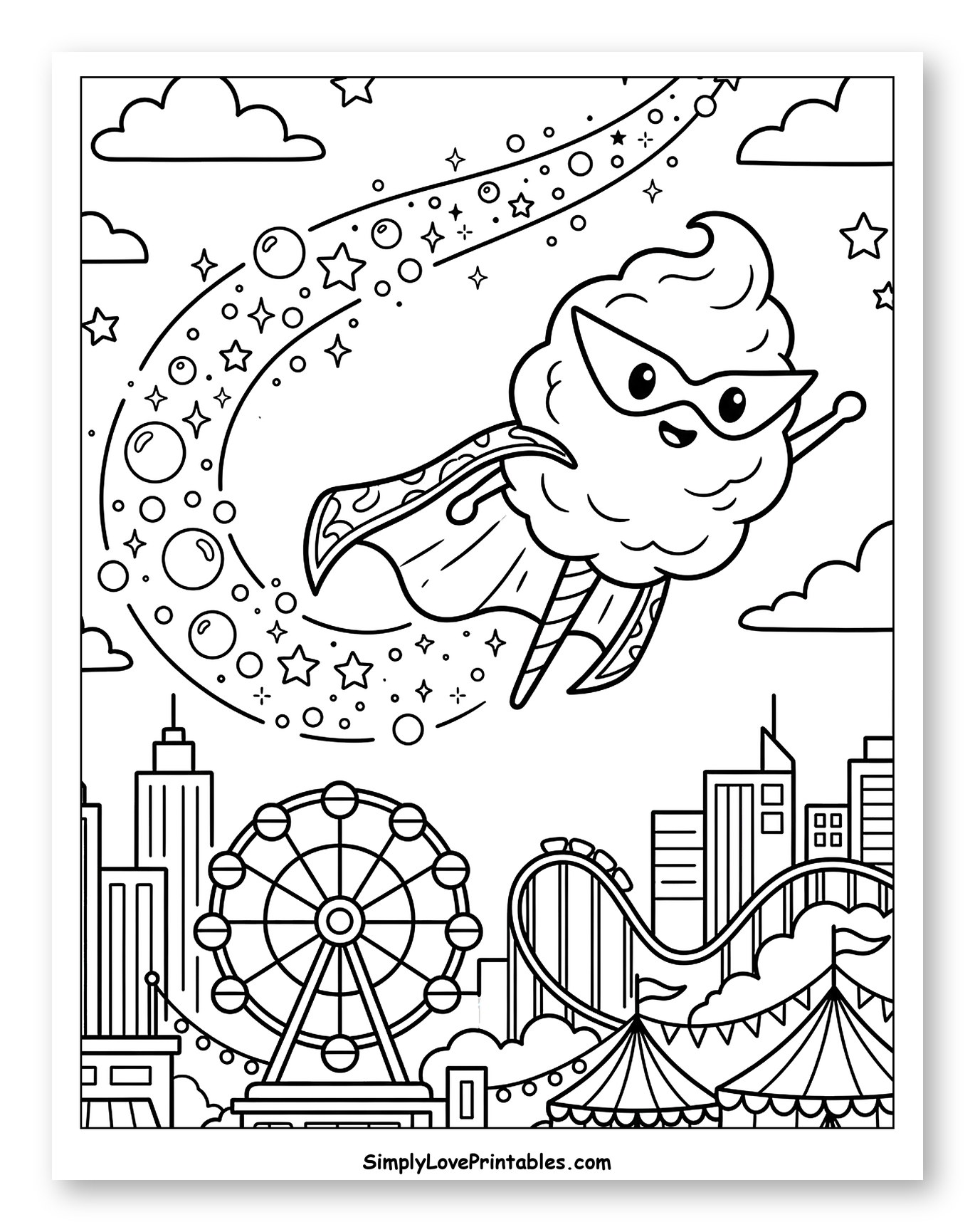 Superhero Cotton Candy Flying Over City Carnival to Color for Kids