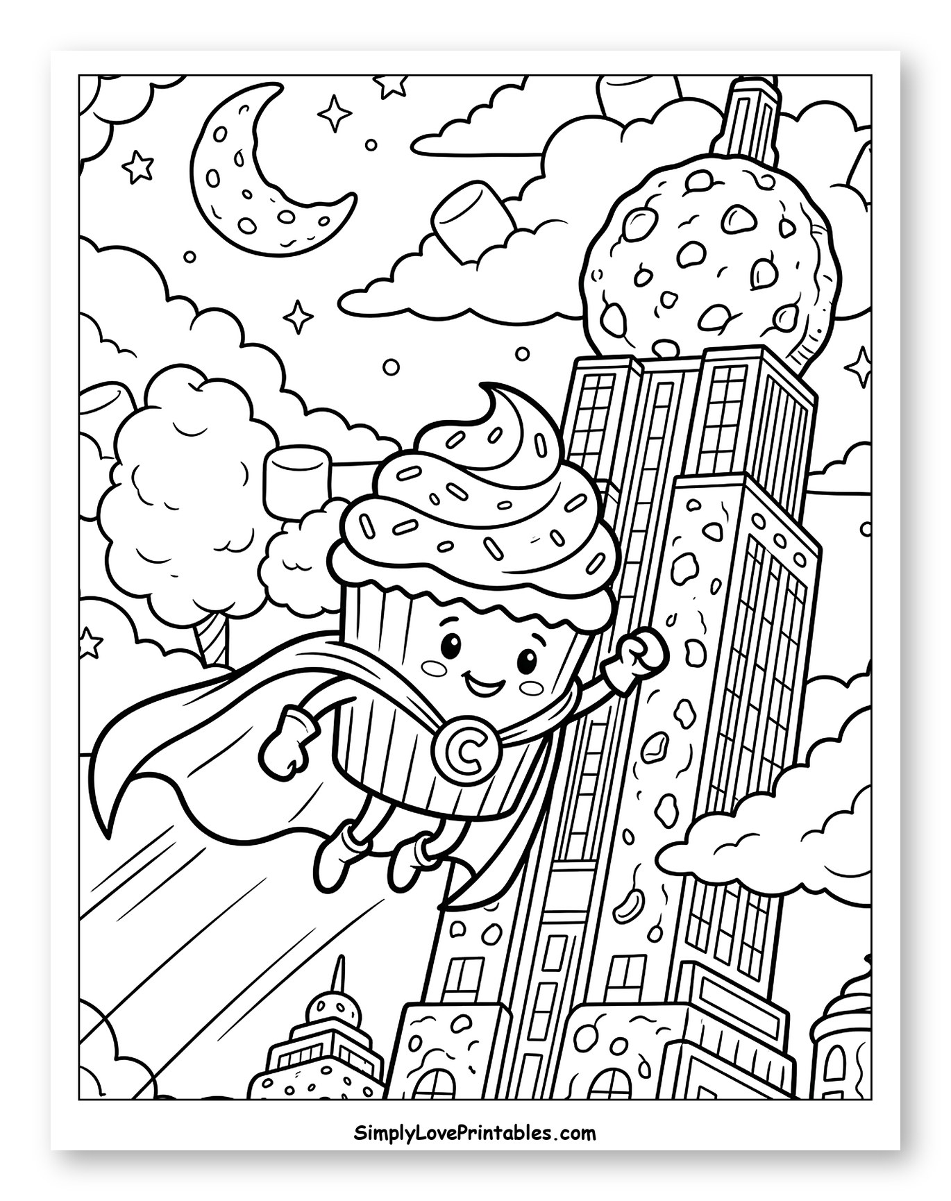 Superhero Cupcake Flying Over Candy City Coloring Page for Kids