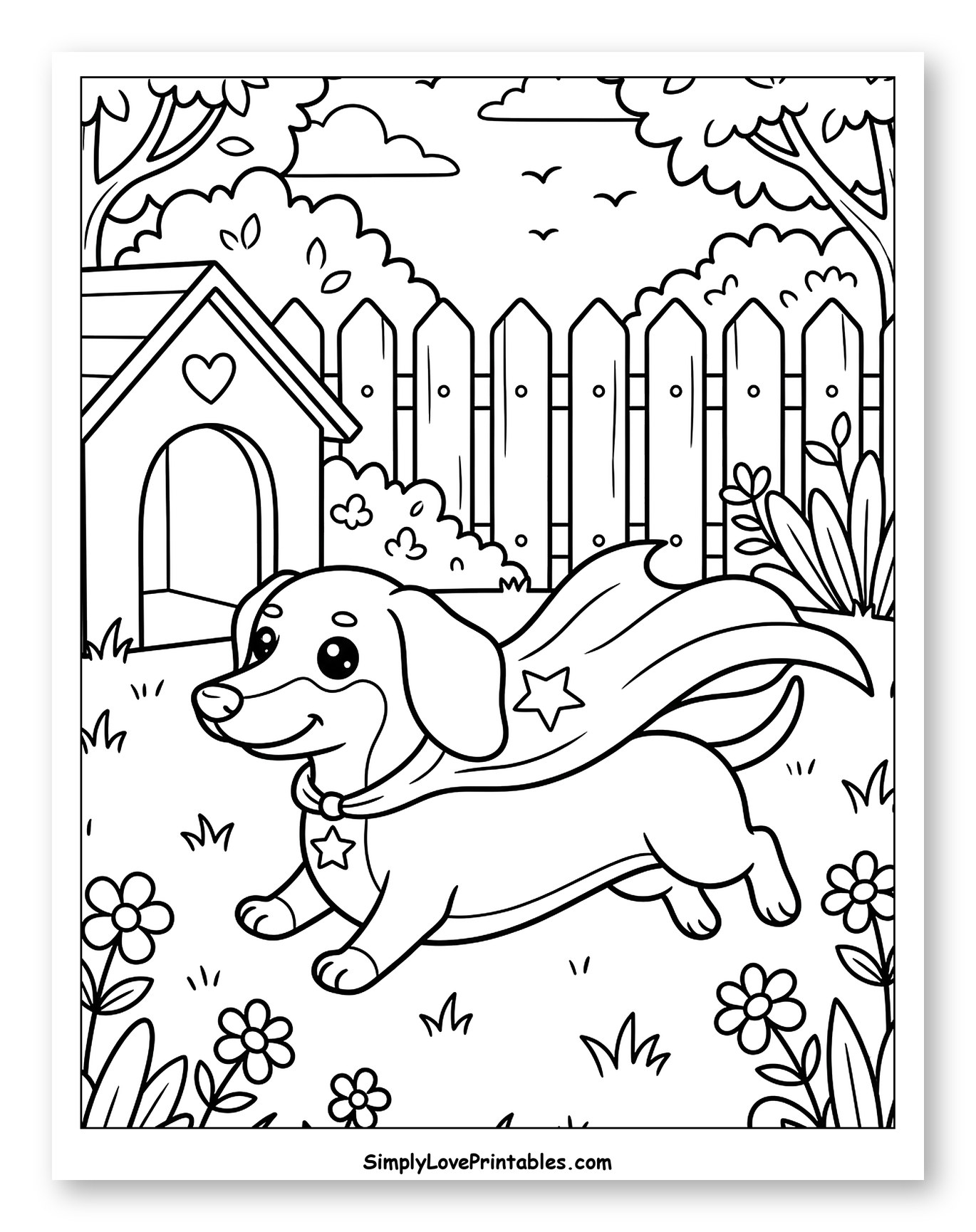 Superhero Dachshund Running in the Yard Coloring Page for Kids