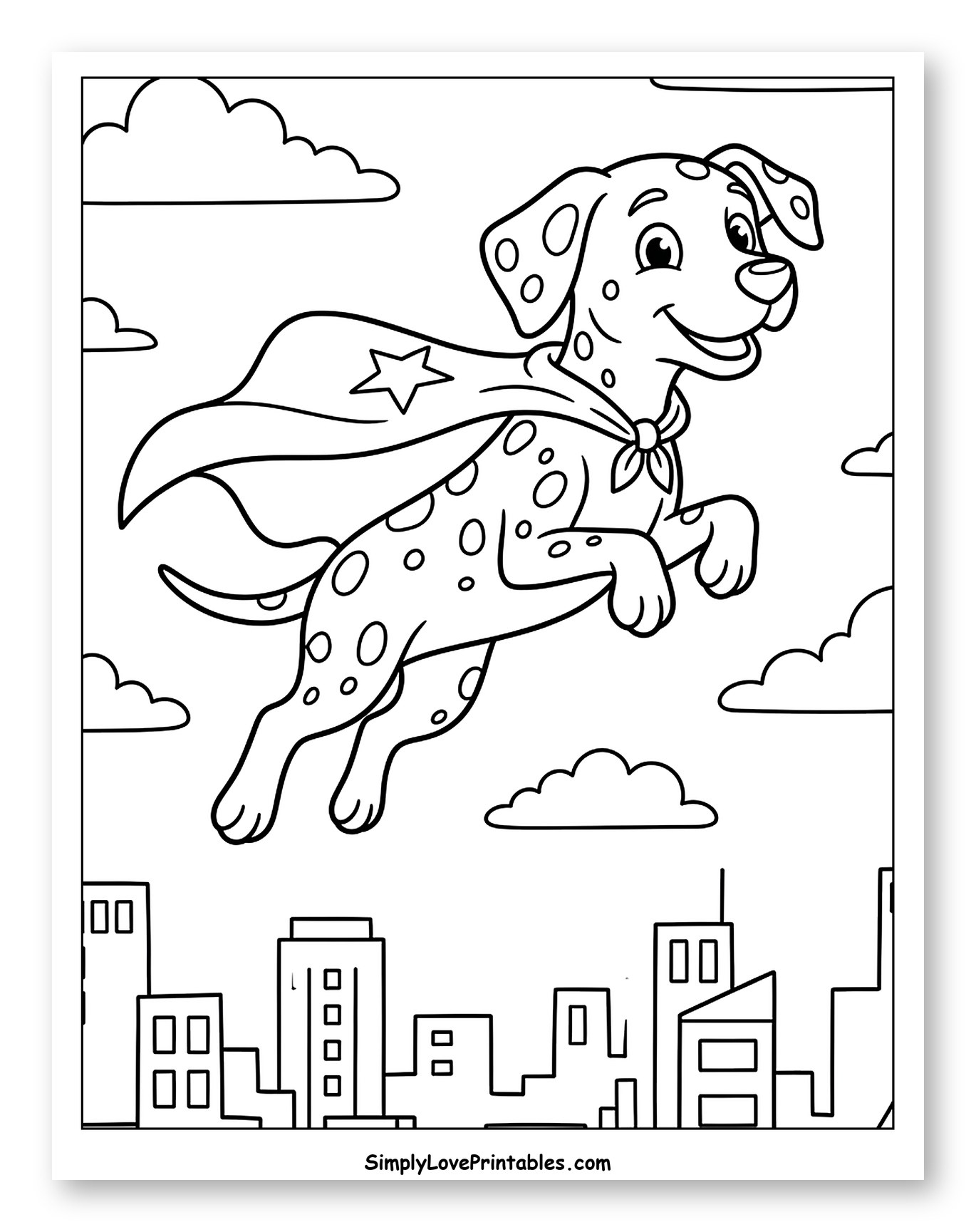 Superhero Dalmatian Flying High Above City Coloring Page for Kids
