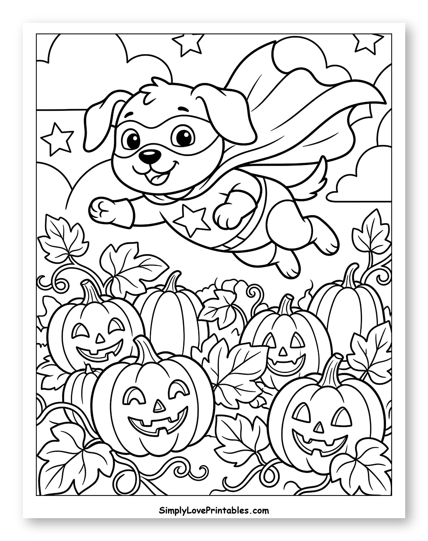 Superhero Dog Flying Over Halloween Pumpkins