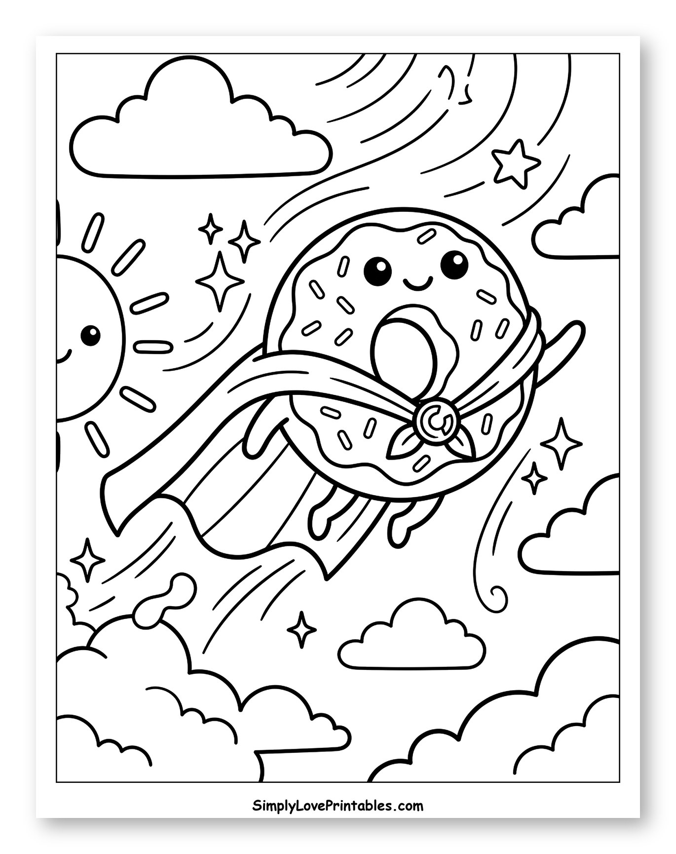Superhero Donut Soaring Above the Clouds Coloring Page for Kids