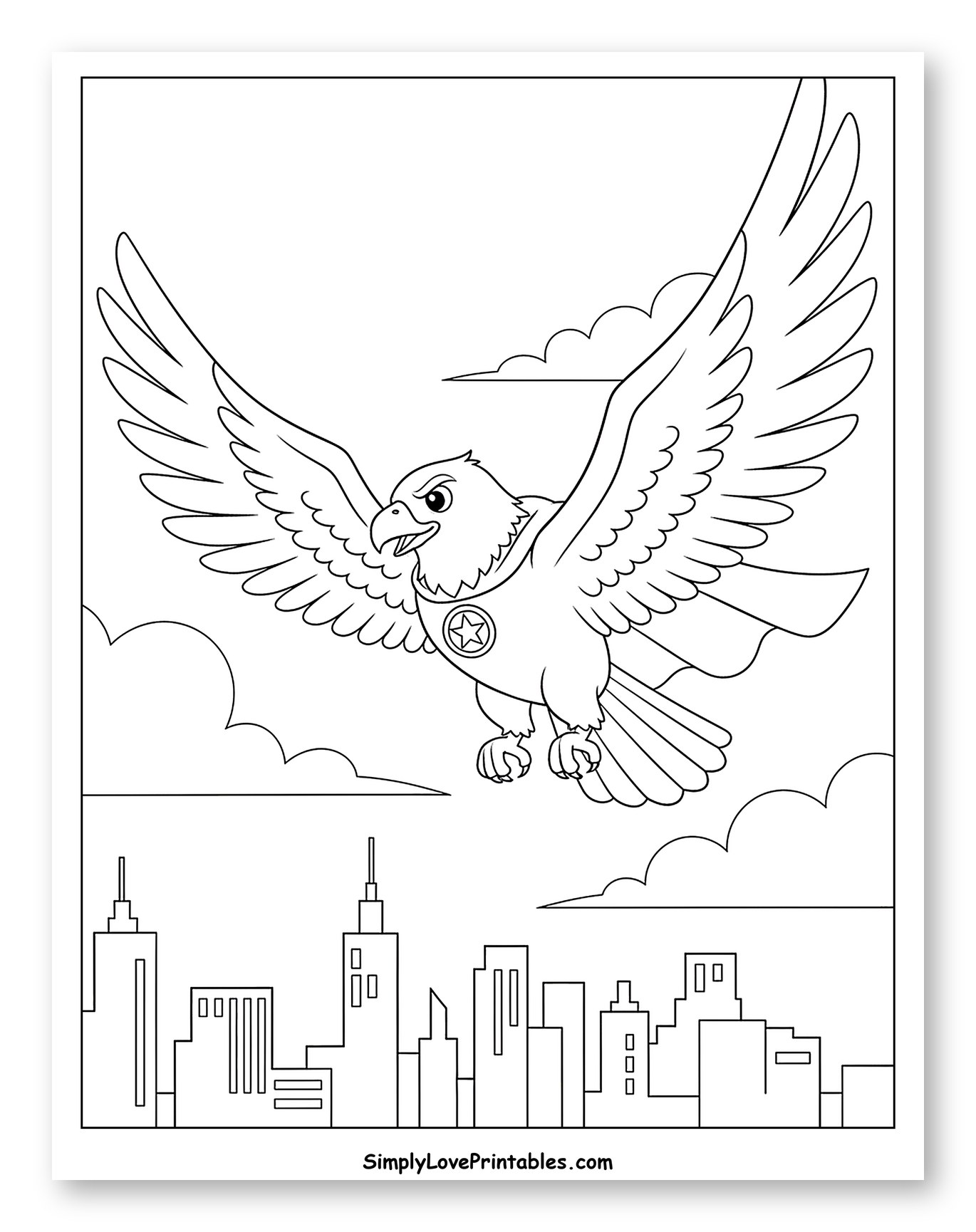 Superhero Eagle Soaring Above City Skyline to Color for Kids