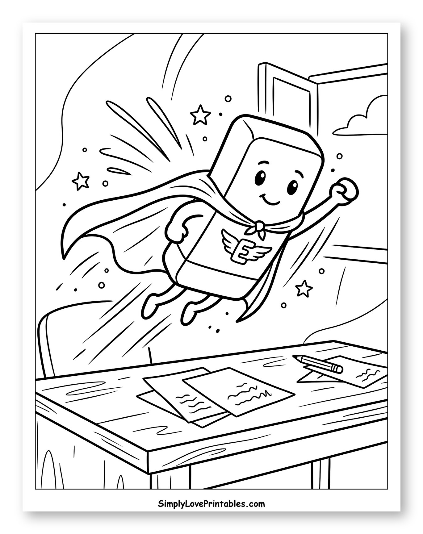 Superhero Eraser Flying Above a Desk