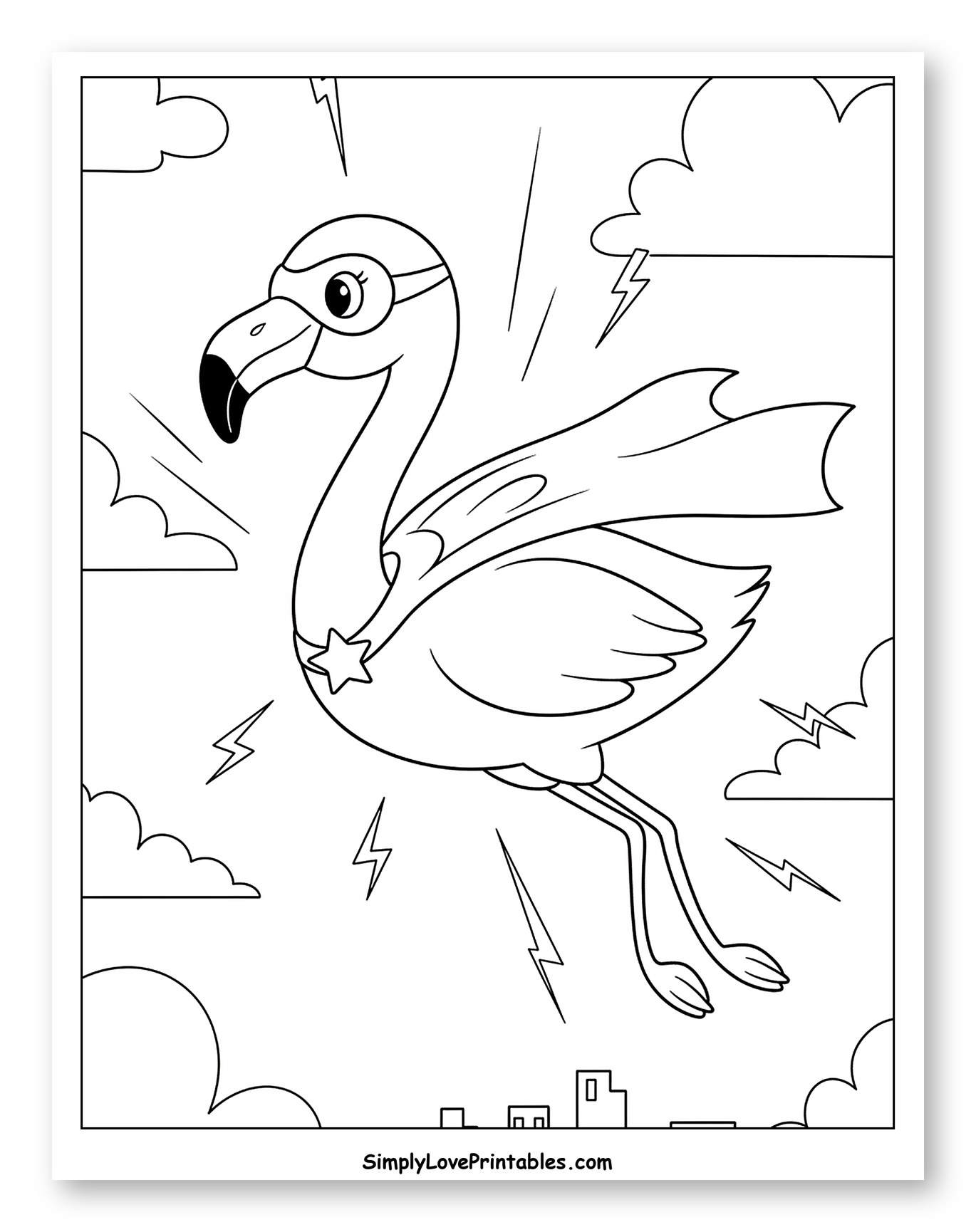Superhero Flamingo Flying Above a City
