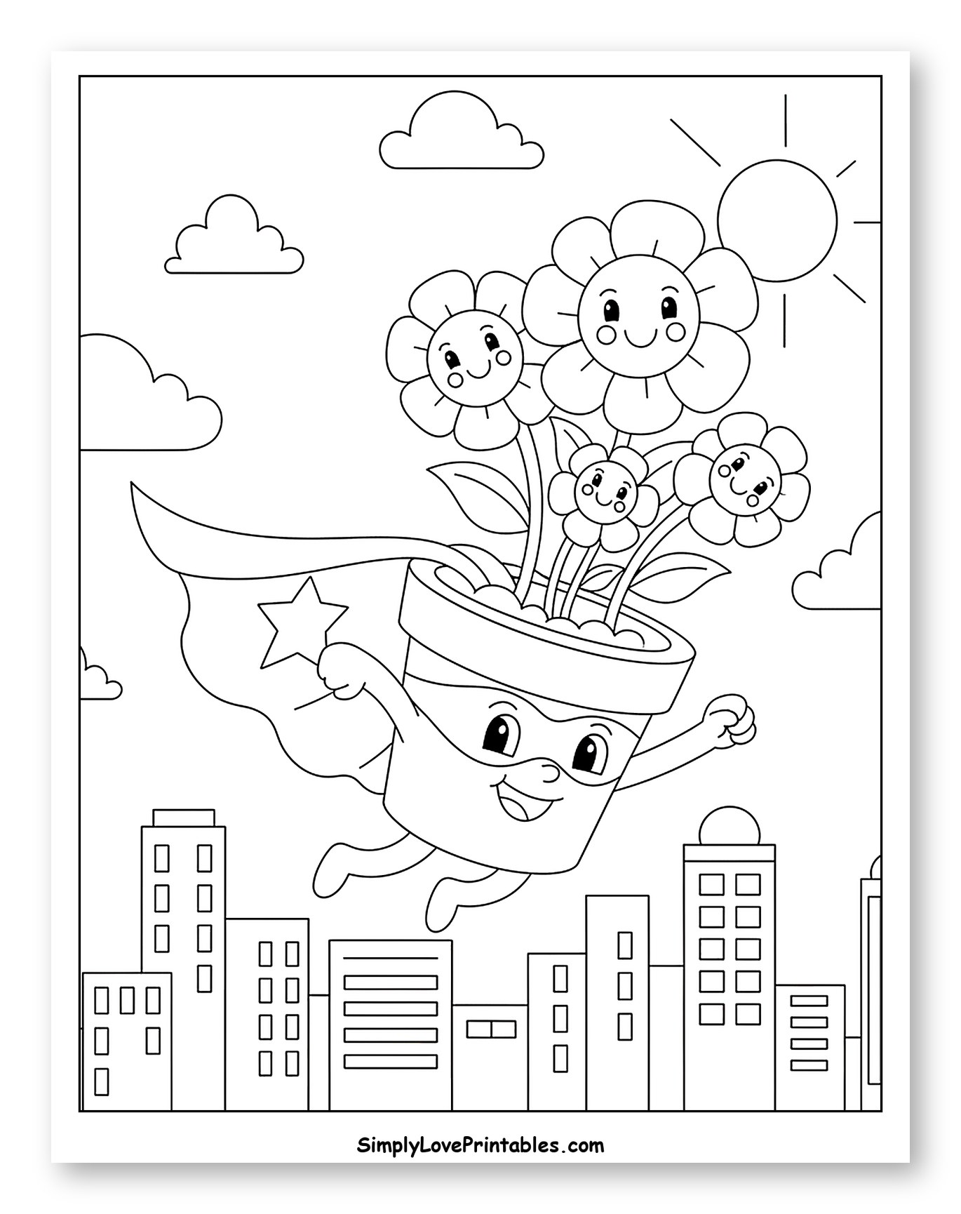 Superhero Flower Pot Flying Over City to Color for Kids