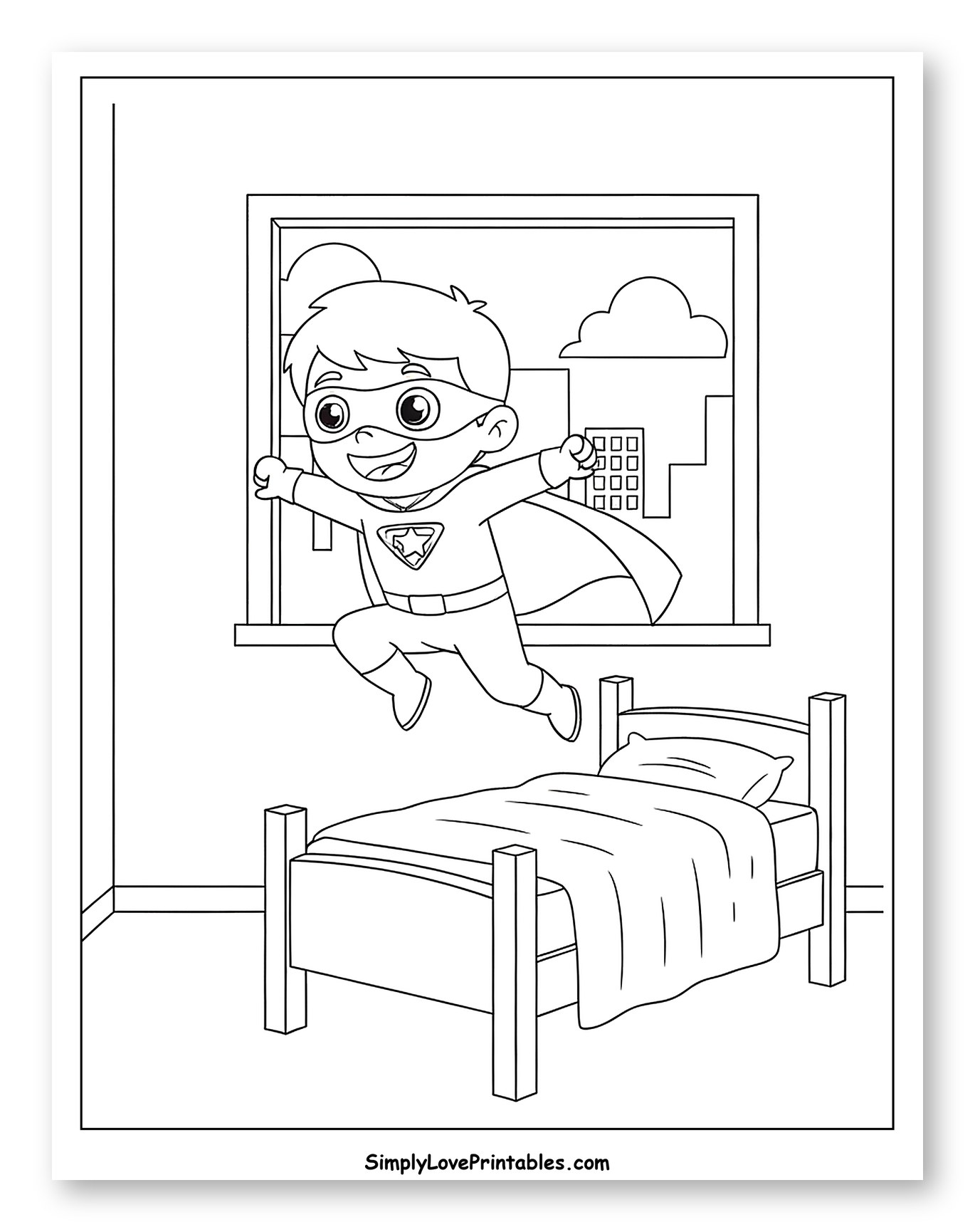 Superhero Kid Leaping Over Bedroom Bed to Color for Kids