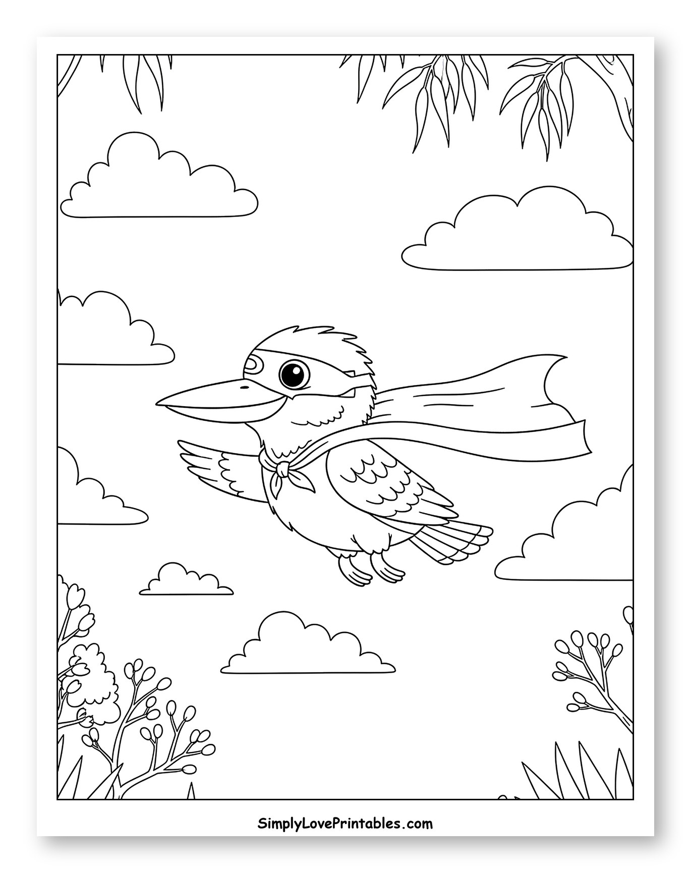 Superhero Kookaburra Flying Among Clouds Coloring Page for Kids