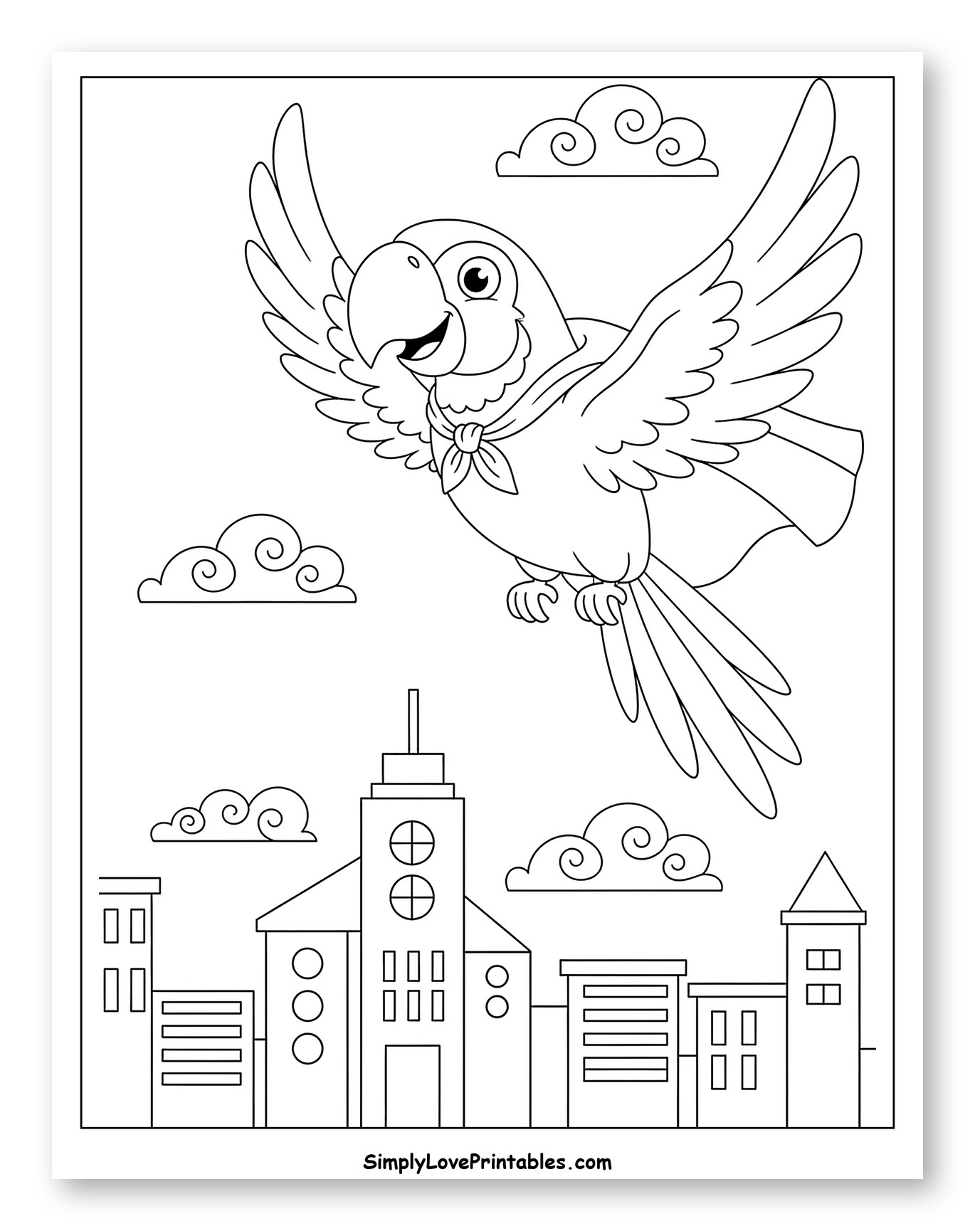 Superhero Macaw Soaring Above City Skyline