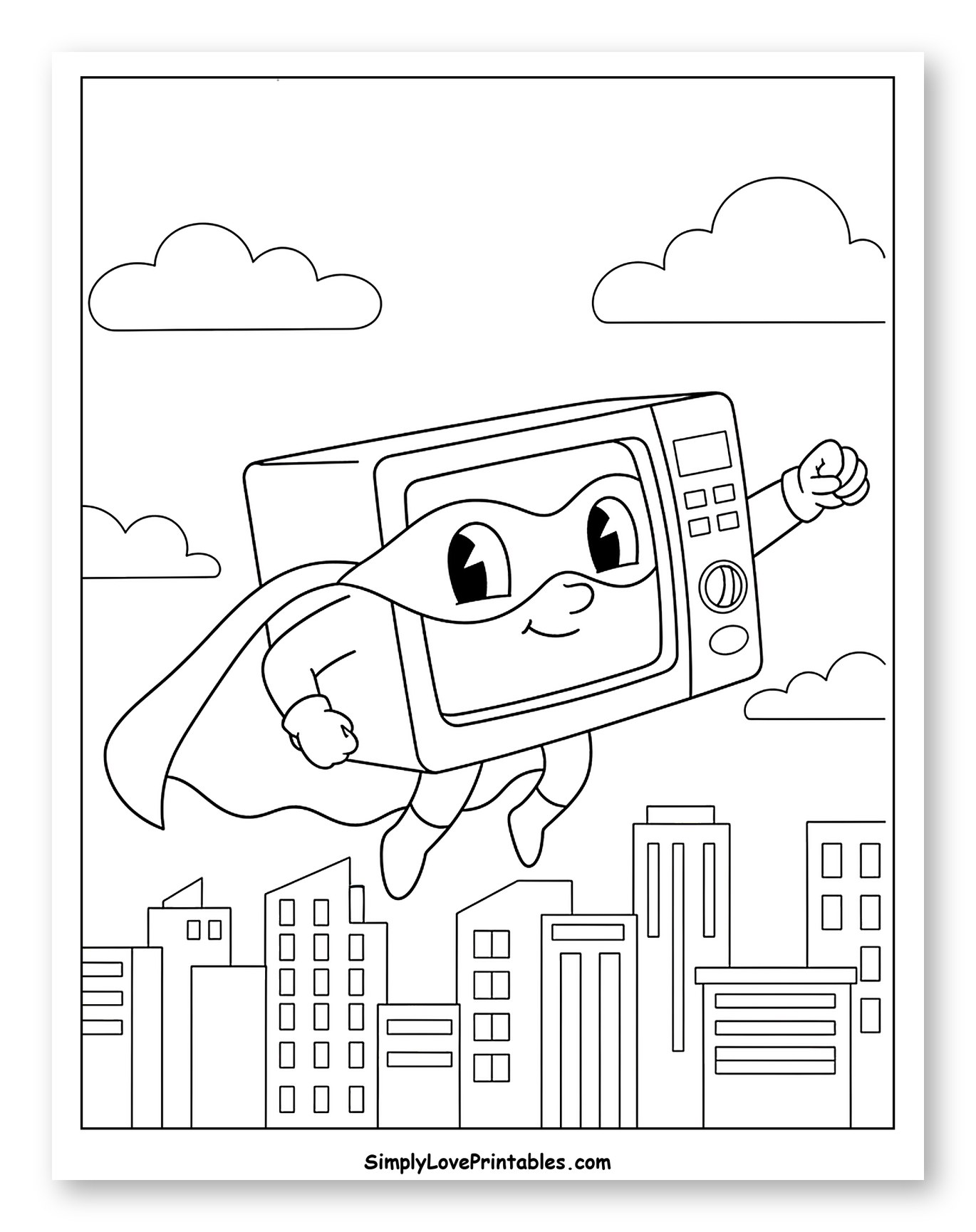 Superhero Microwave Flying Over a City to Color for Kids