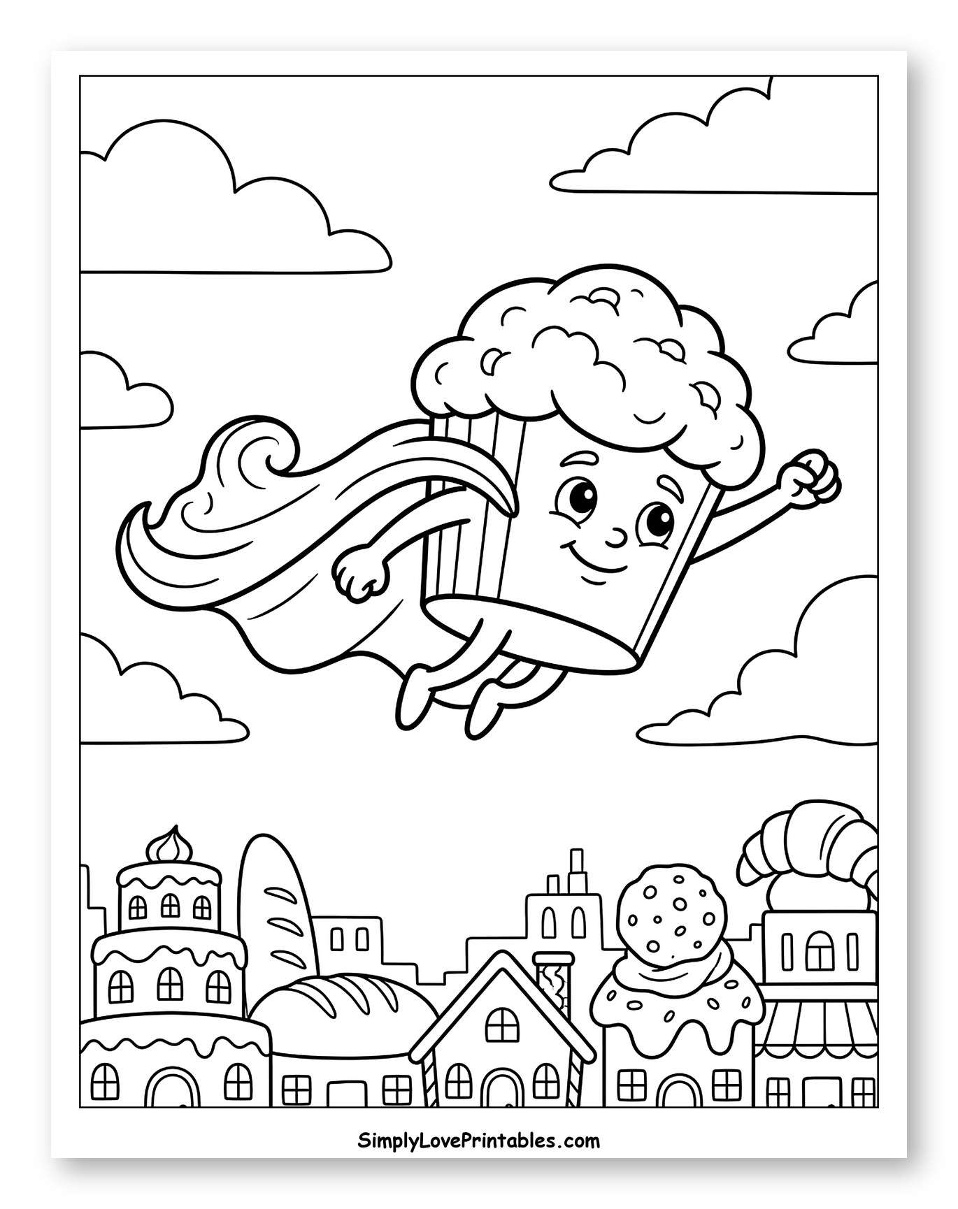 Superhero Muffin Flying Above Pastry City Coloring Sheet for Kids