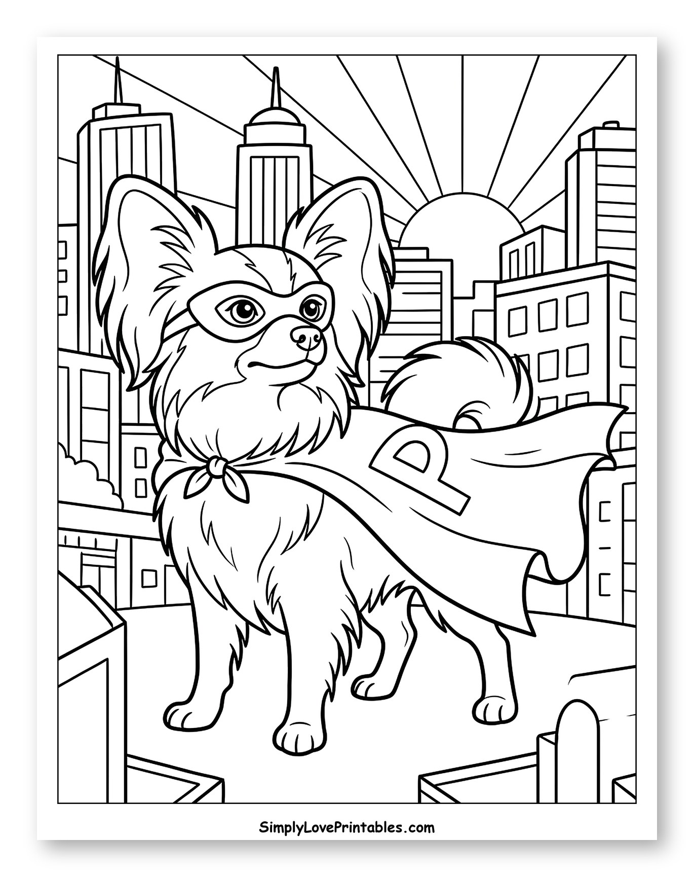 Superhero Papillon Dog on City Rooftop
