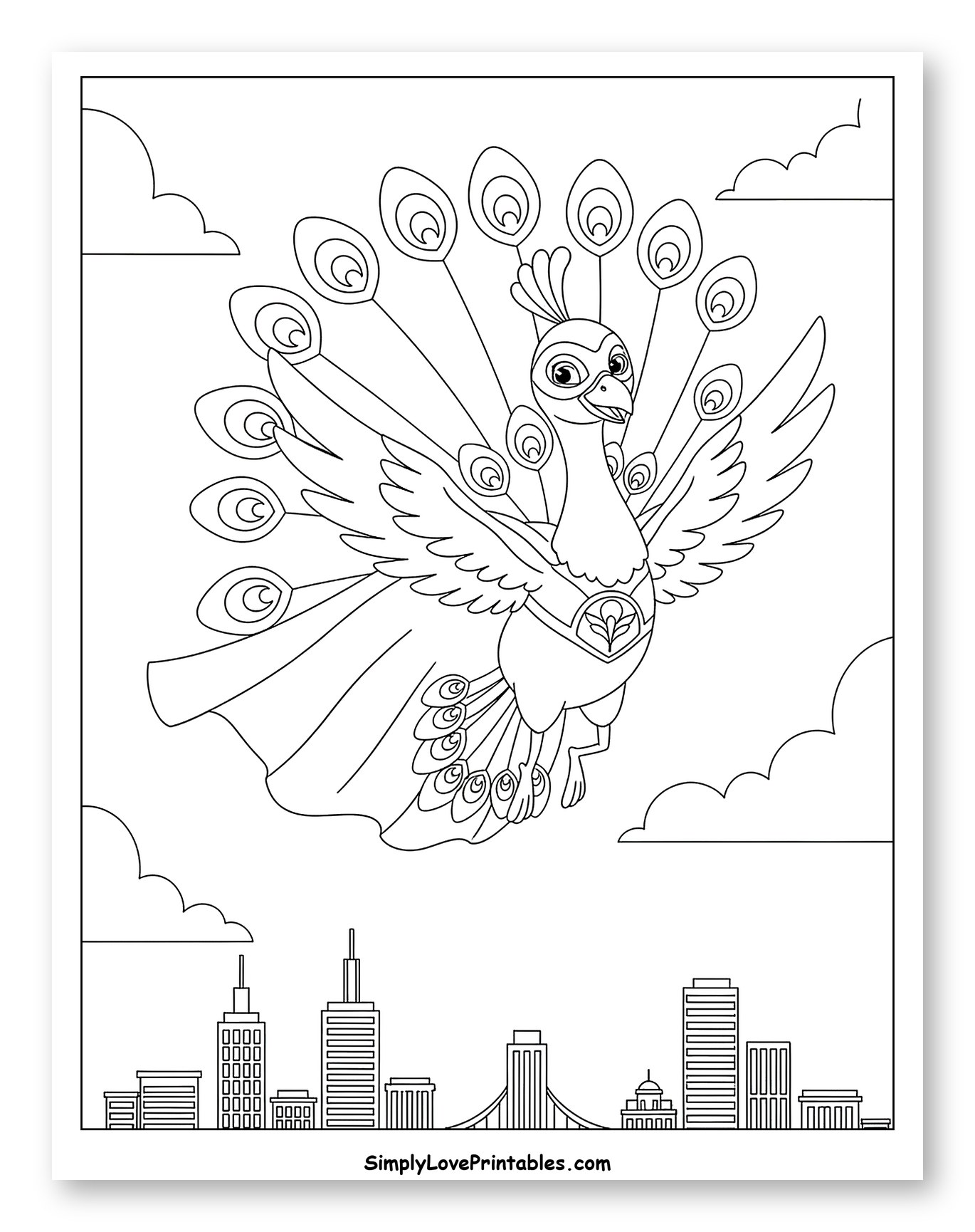 Superhero Peacock Flying Over City Skyline