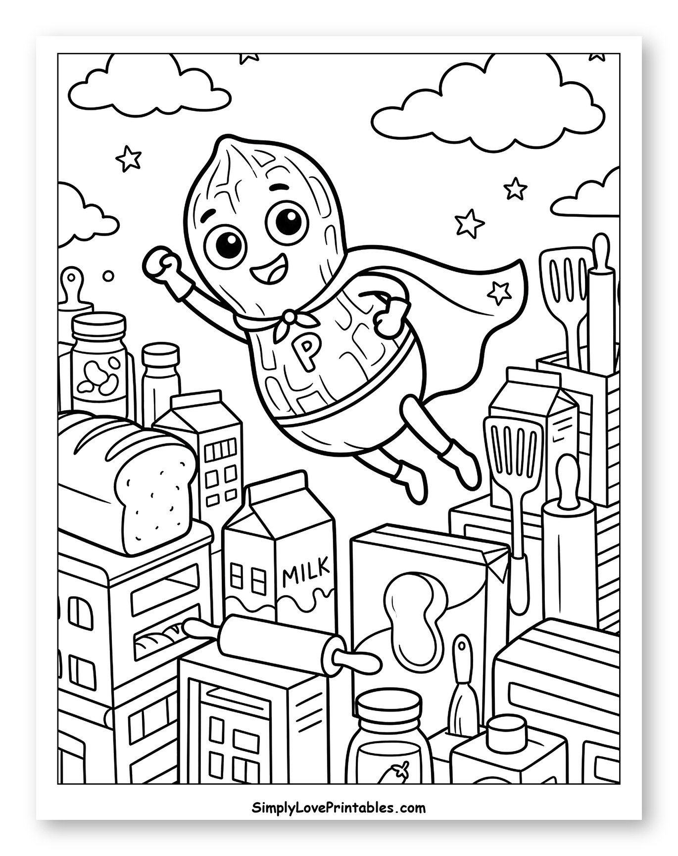 Superhero Peanut Flying Over Food City