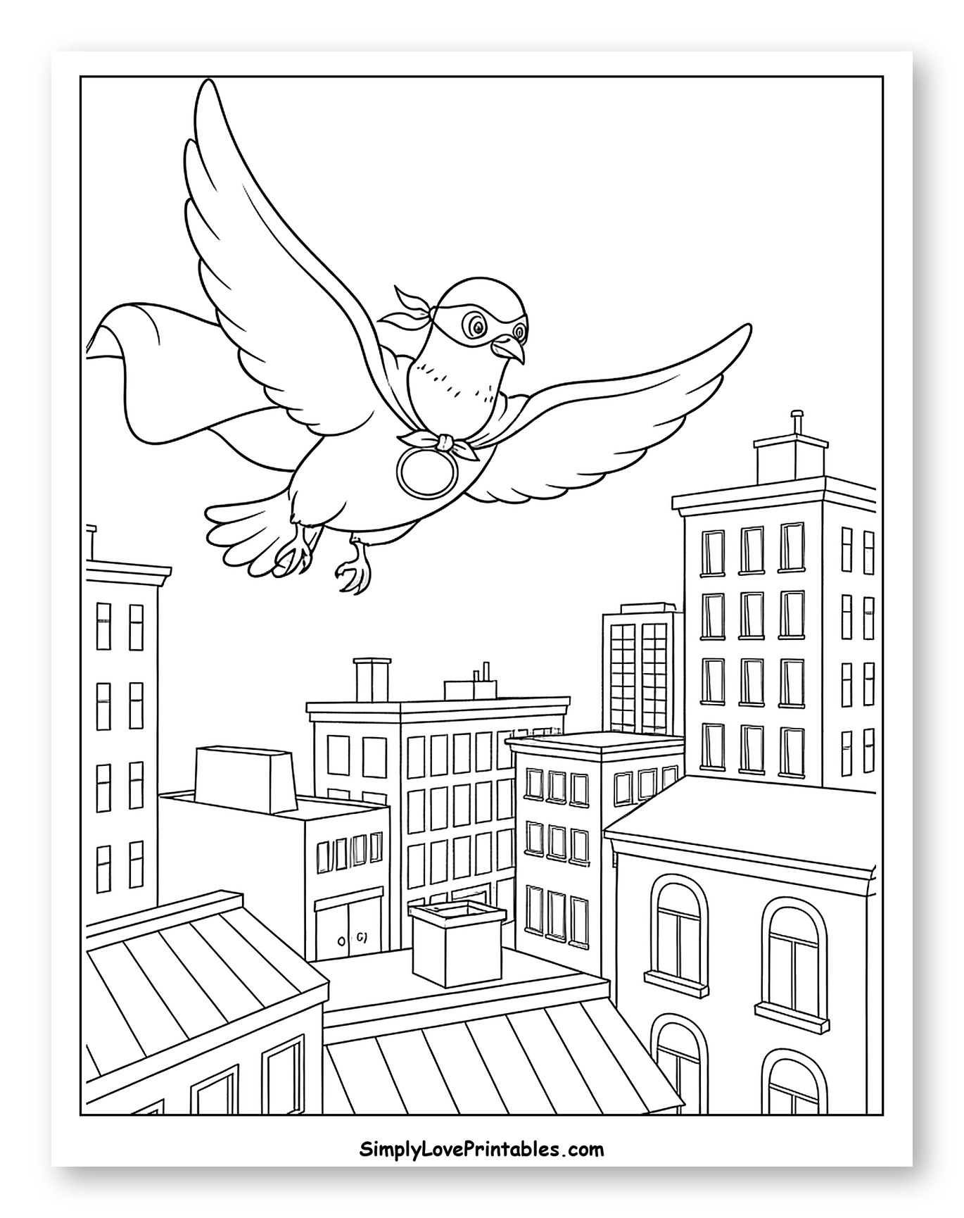 Superhero Pigeon Flying Over Cityscape