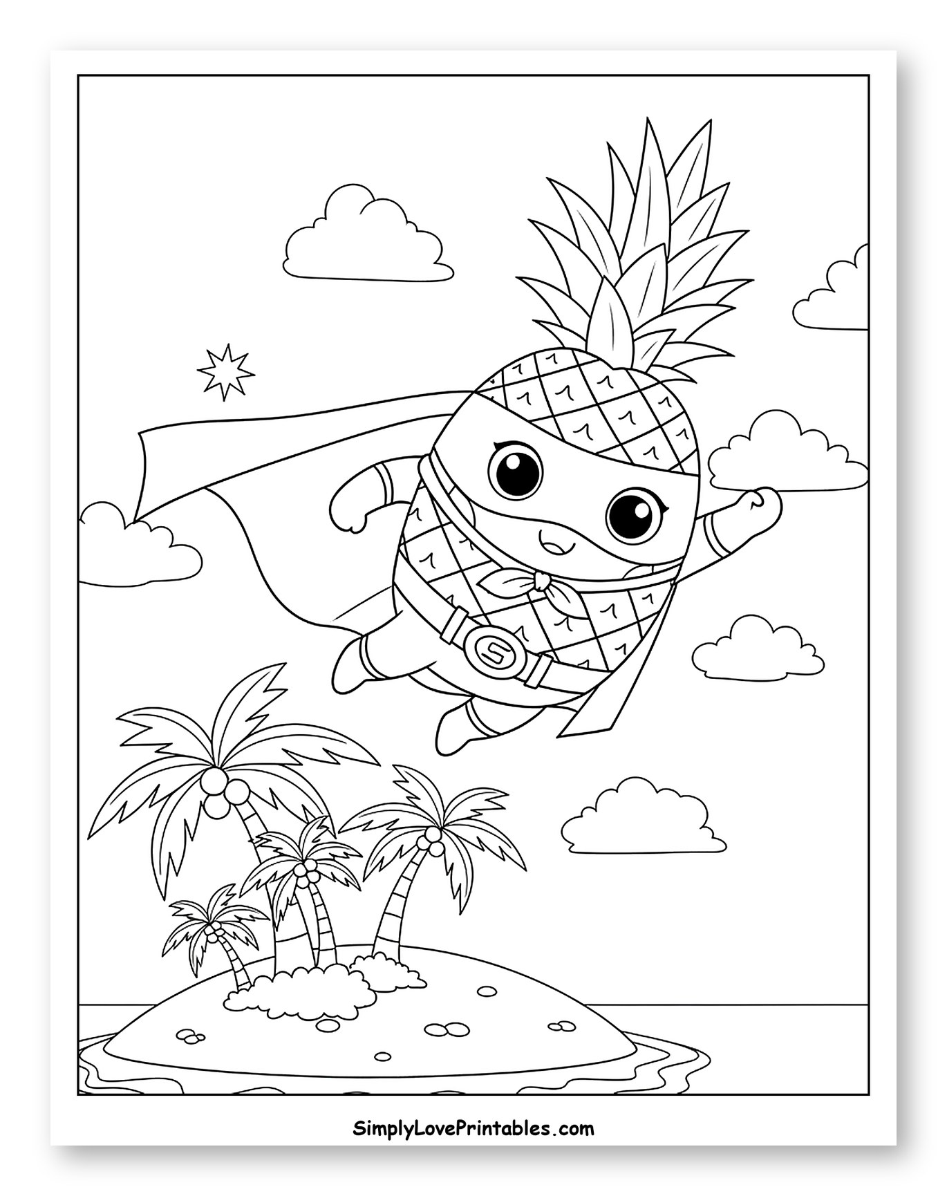 Superhero Pineapple Flying Over Tropical Island to Color for Kids