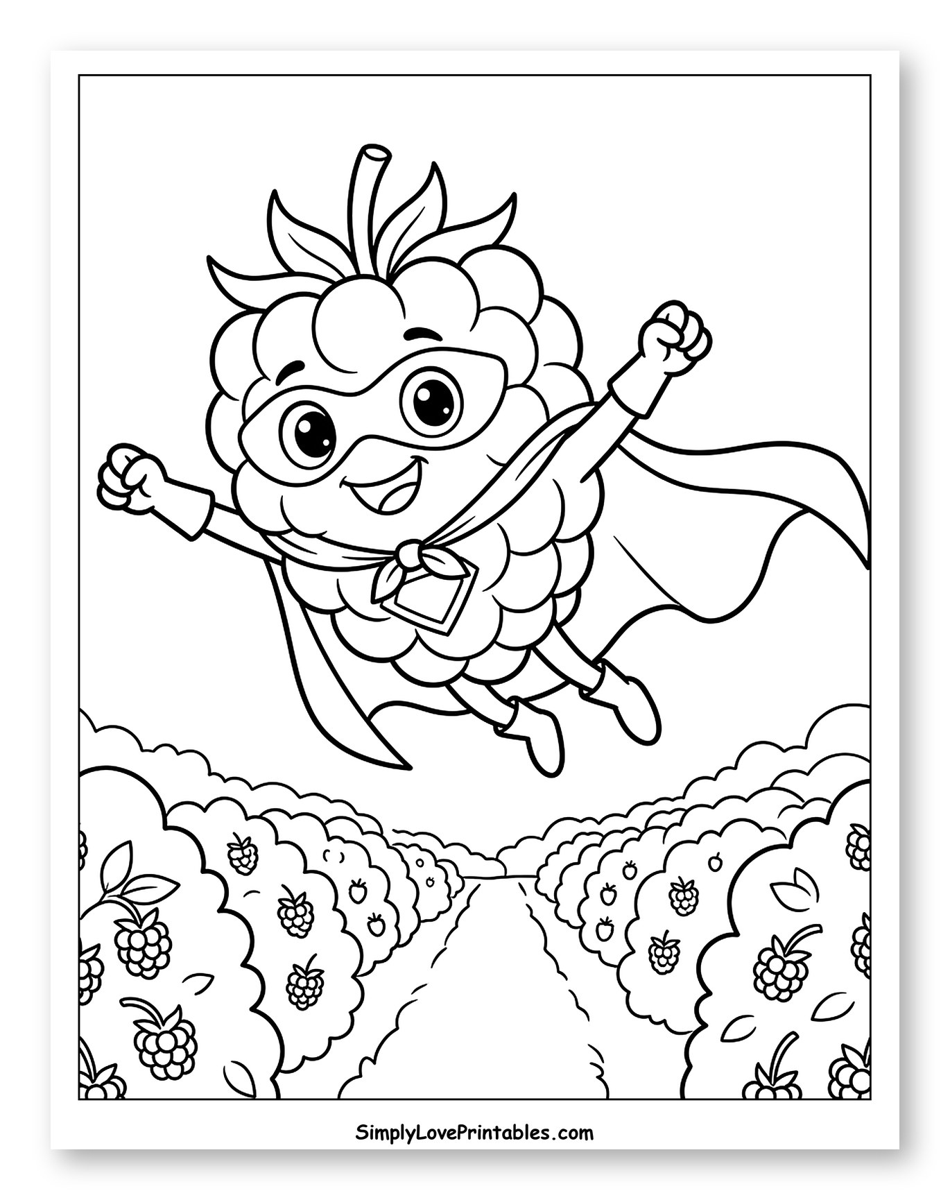 Superhero Raspberry Flying Above Berry Bushes Coloring Page for Kids