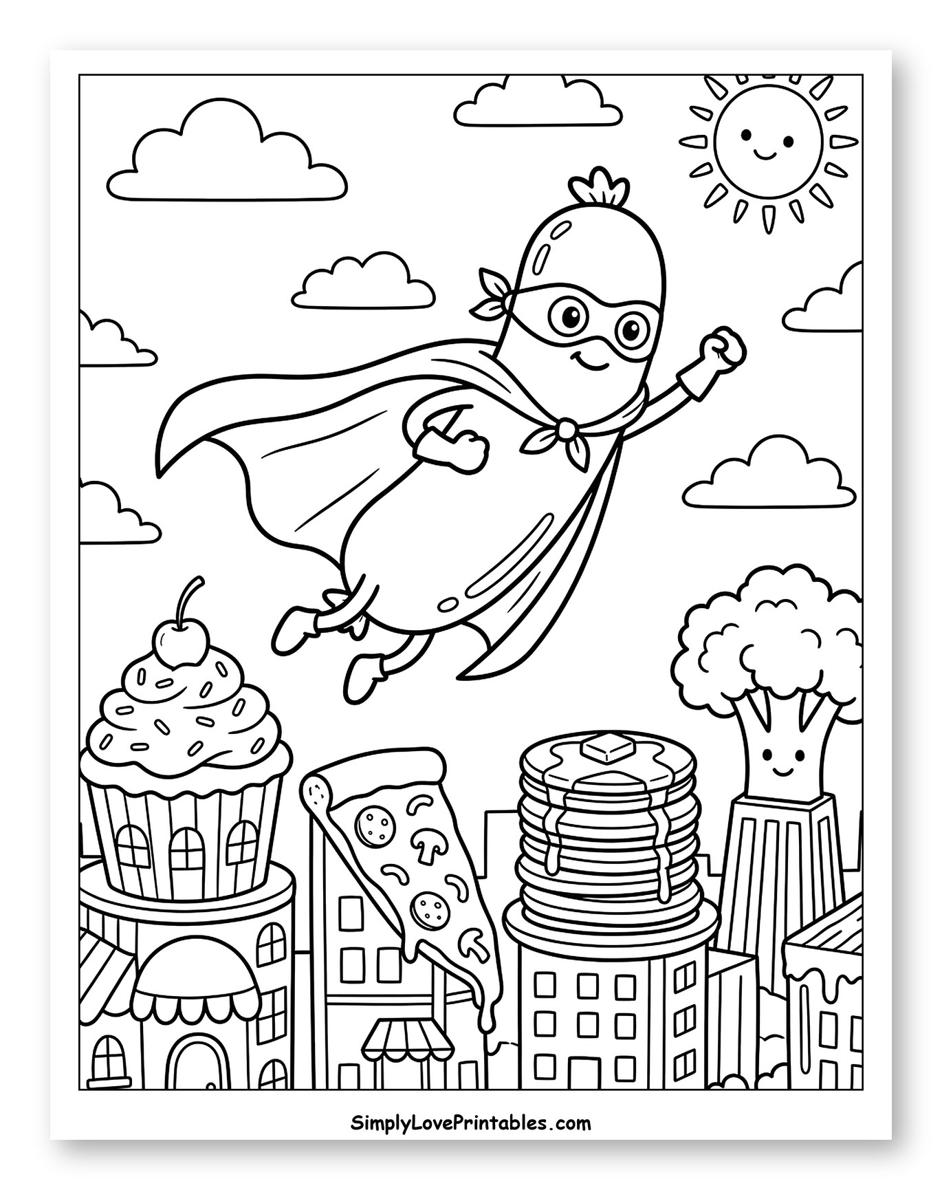 Superhero Sausage Flying Over Food City Coloring Page for Kids