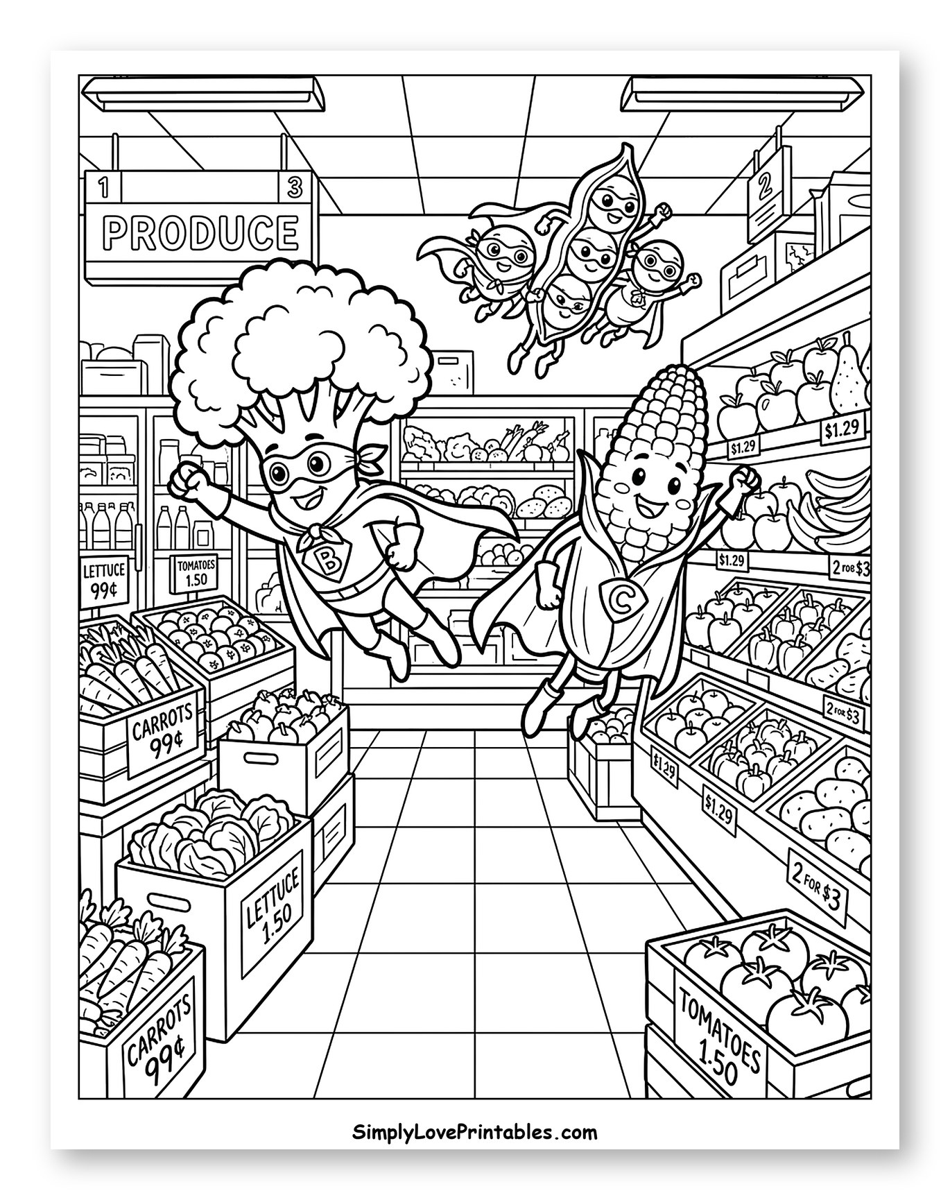 Superhero Vegetables Flying in a Grocery Store Aisle Coloring Page for Kids