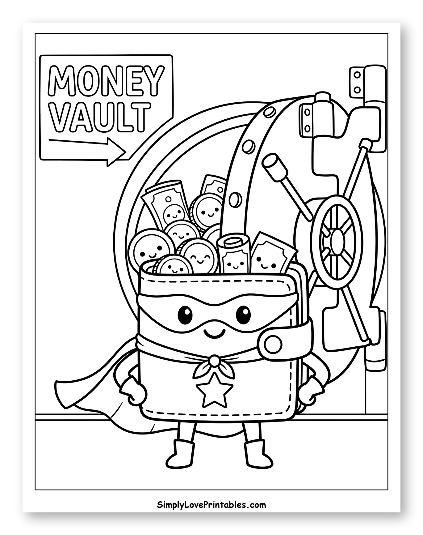 Superhero Wallet with Happy Money in Vault Coloring Page for Kids