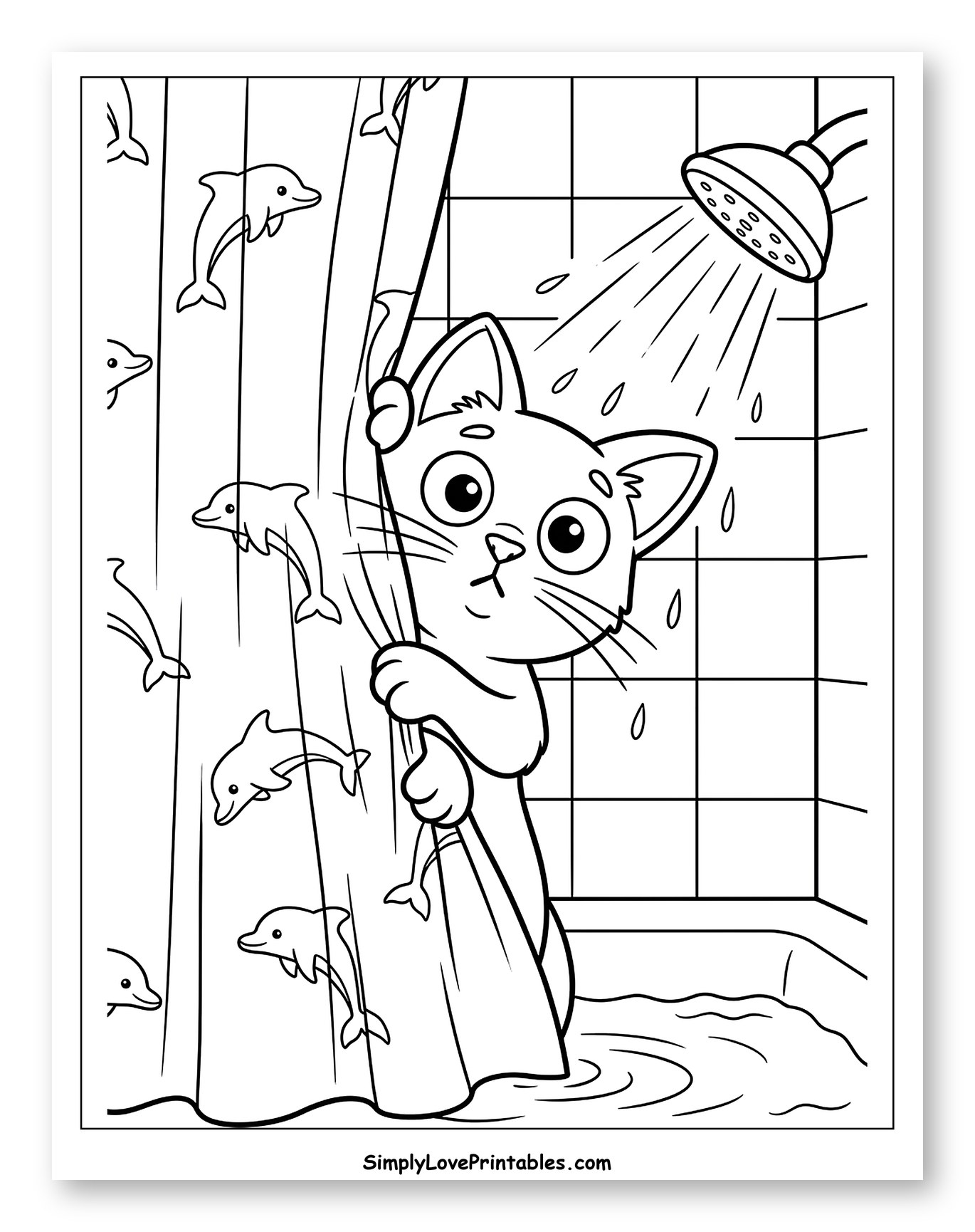 Surprised Cat Peeking from Shower Curtain