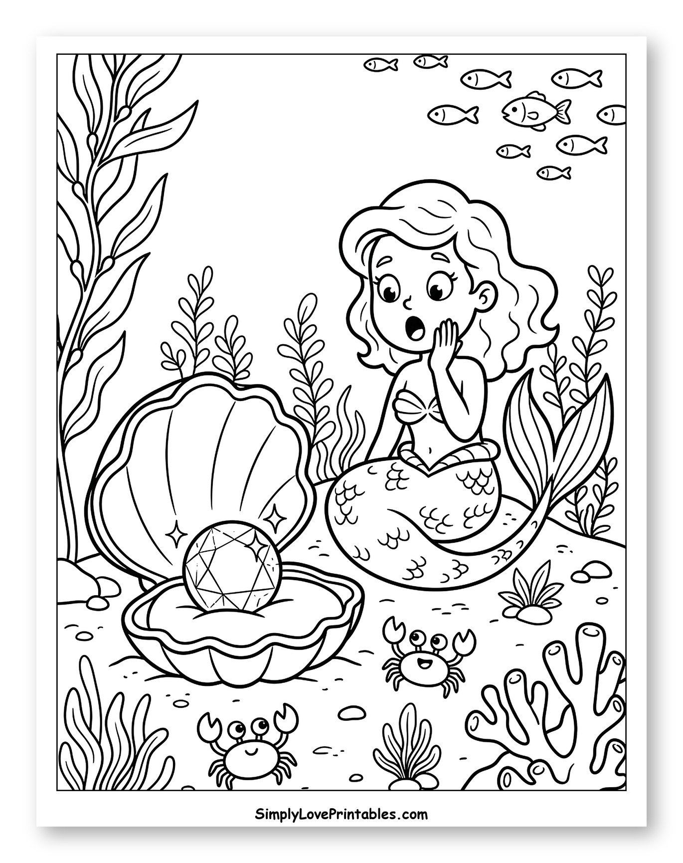 Surprised Mermaid Discovers a Diamond Pearl to Color for Kids