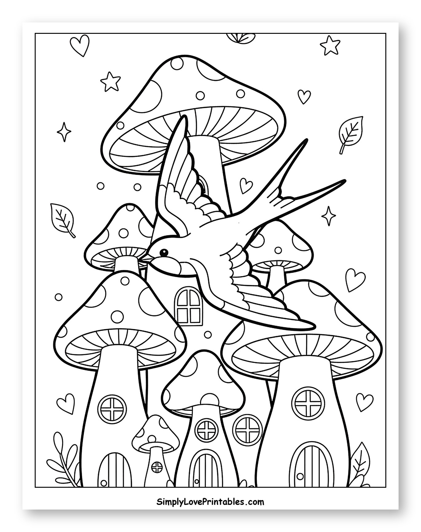 Swallow Bird Flying Over Mushroom Houses Coloring Page for Adults