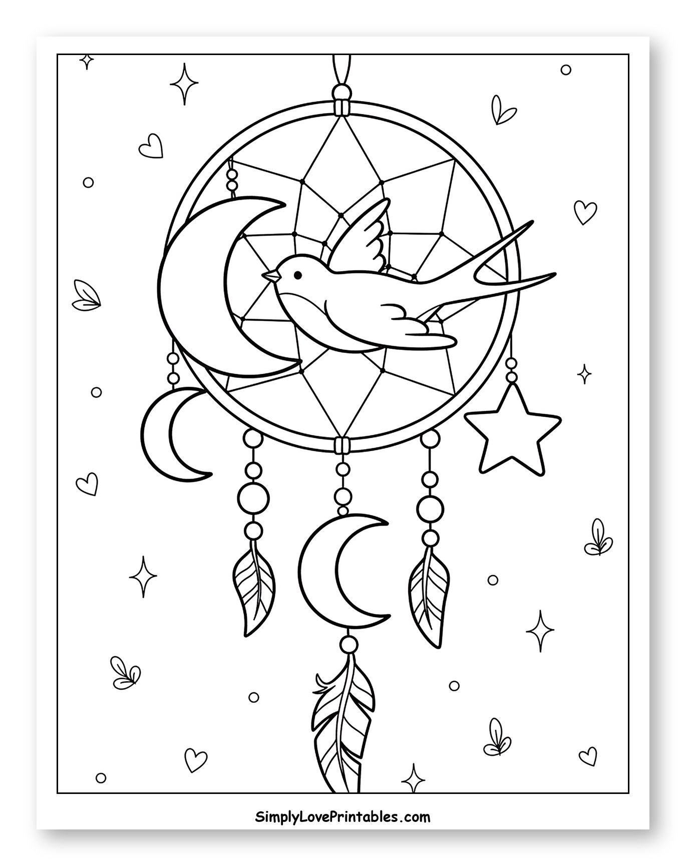 Swallow Dreamcatcher with Moons and Feathers to Color for Adults