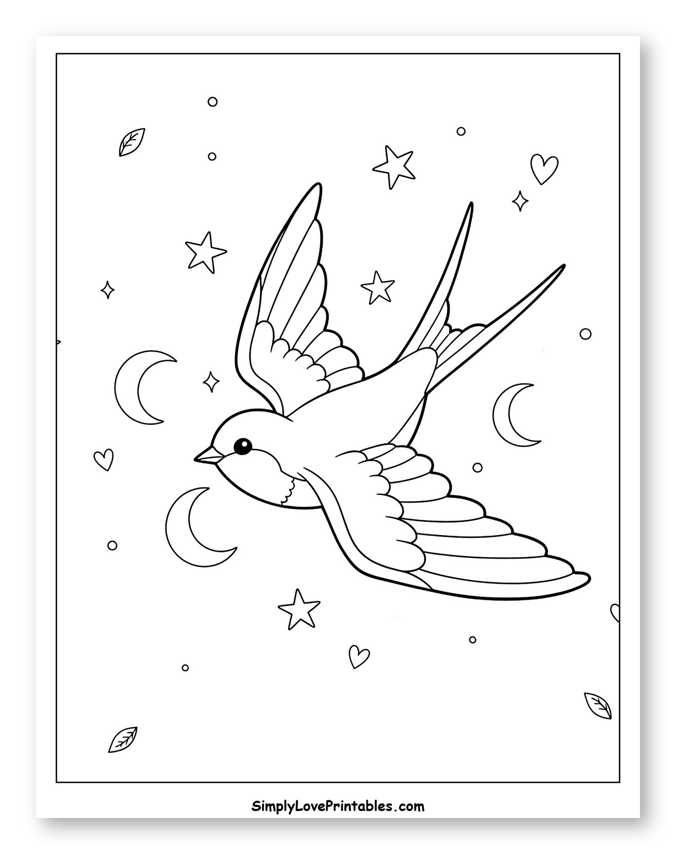 Swallow Flying Among Stars and Moons to Color for Adults
