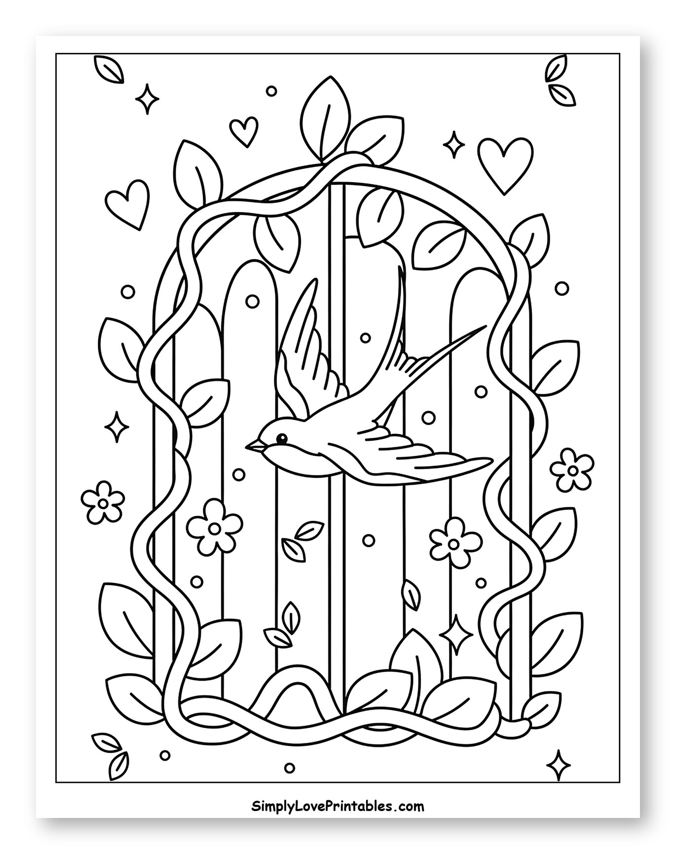 Swallow Flying Through a Leafy Archway Coloring Page for Adults
