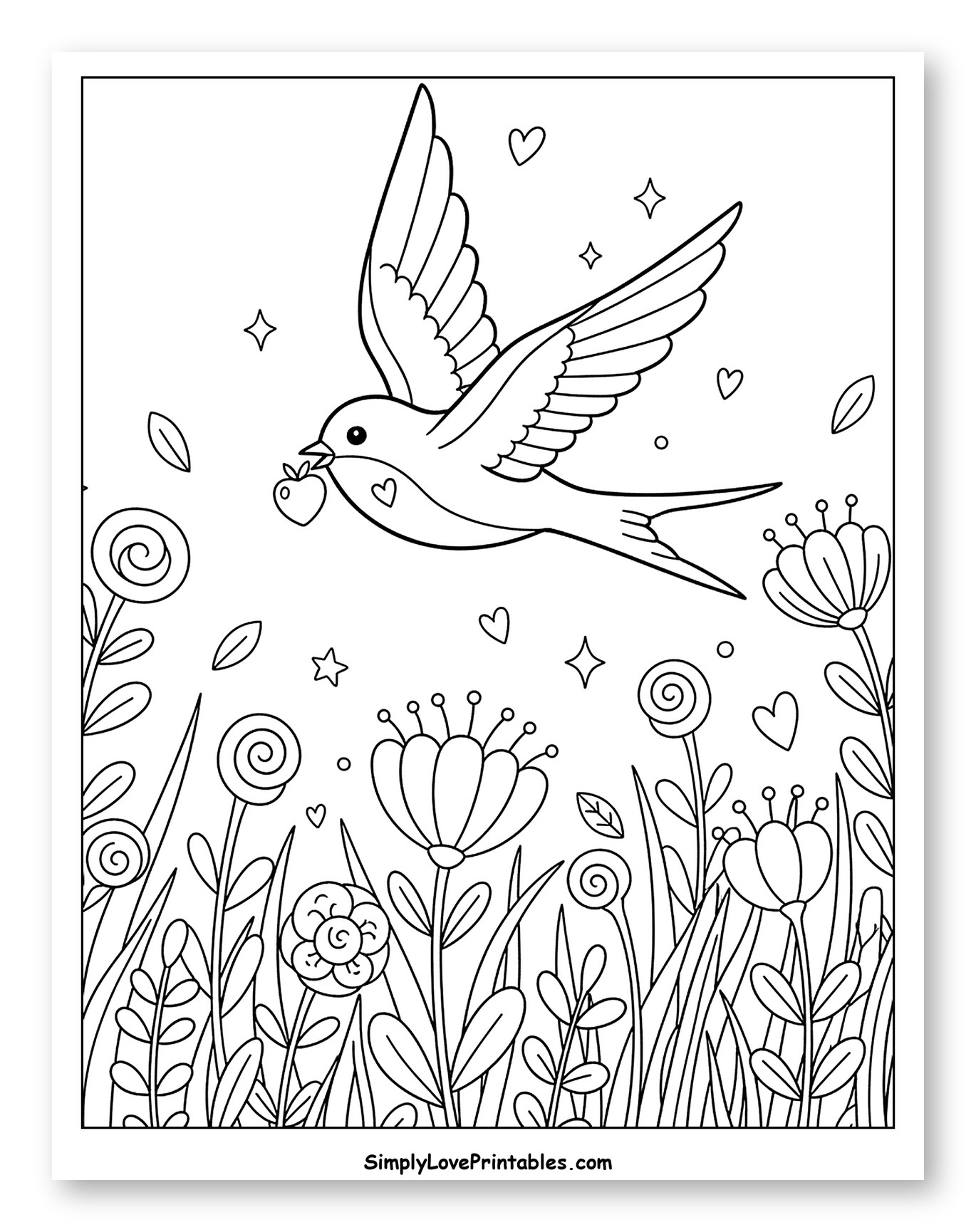 Swallow Flying with Heart Over a Field of Flowers