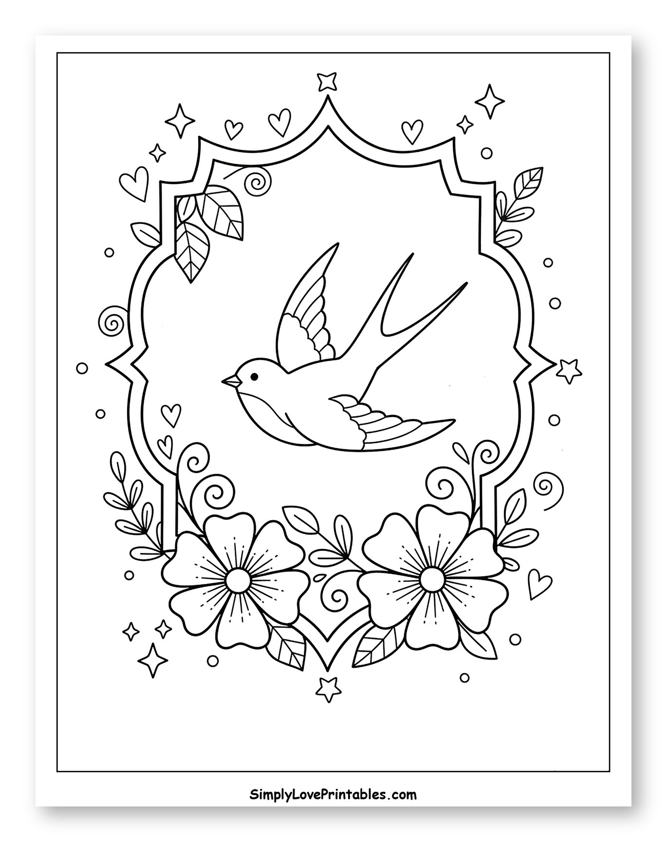 Swallow in a Decorative Floral Frame to Color for Adults