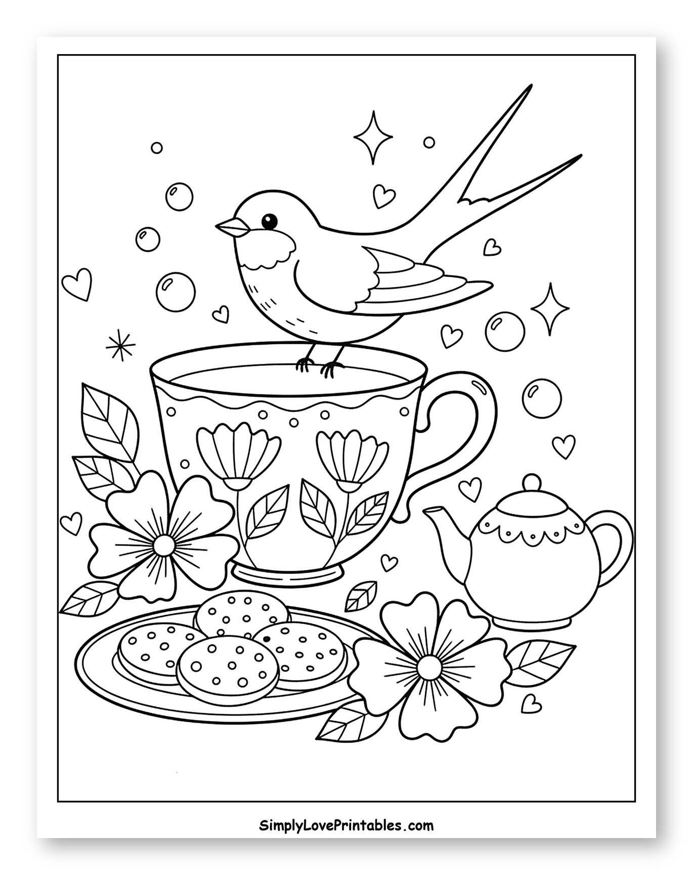 Swallow on Teacup with Cookies and Flowers Coloring Page for Adults
