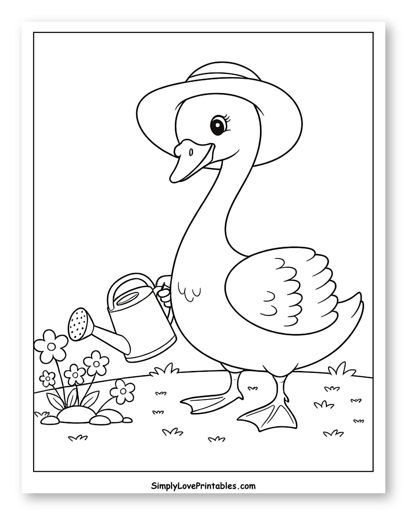 Swan Wearing Hat Watering Little Flowers Coloring Page for Kids