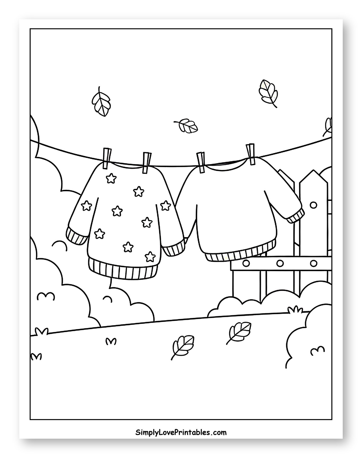 Sweaters Hanging on a Clothesline with Falling Leaves