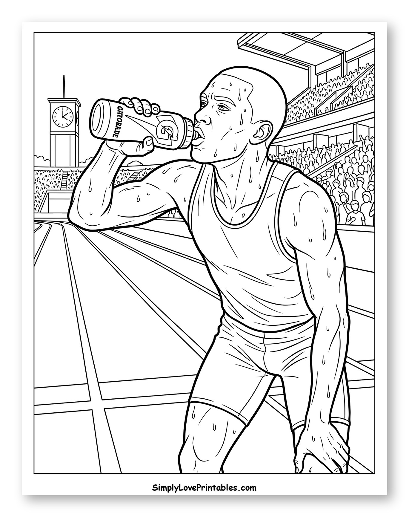 Sweaty Athlete Drinking Gatorade in Stadium Coloring Page