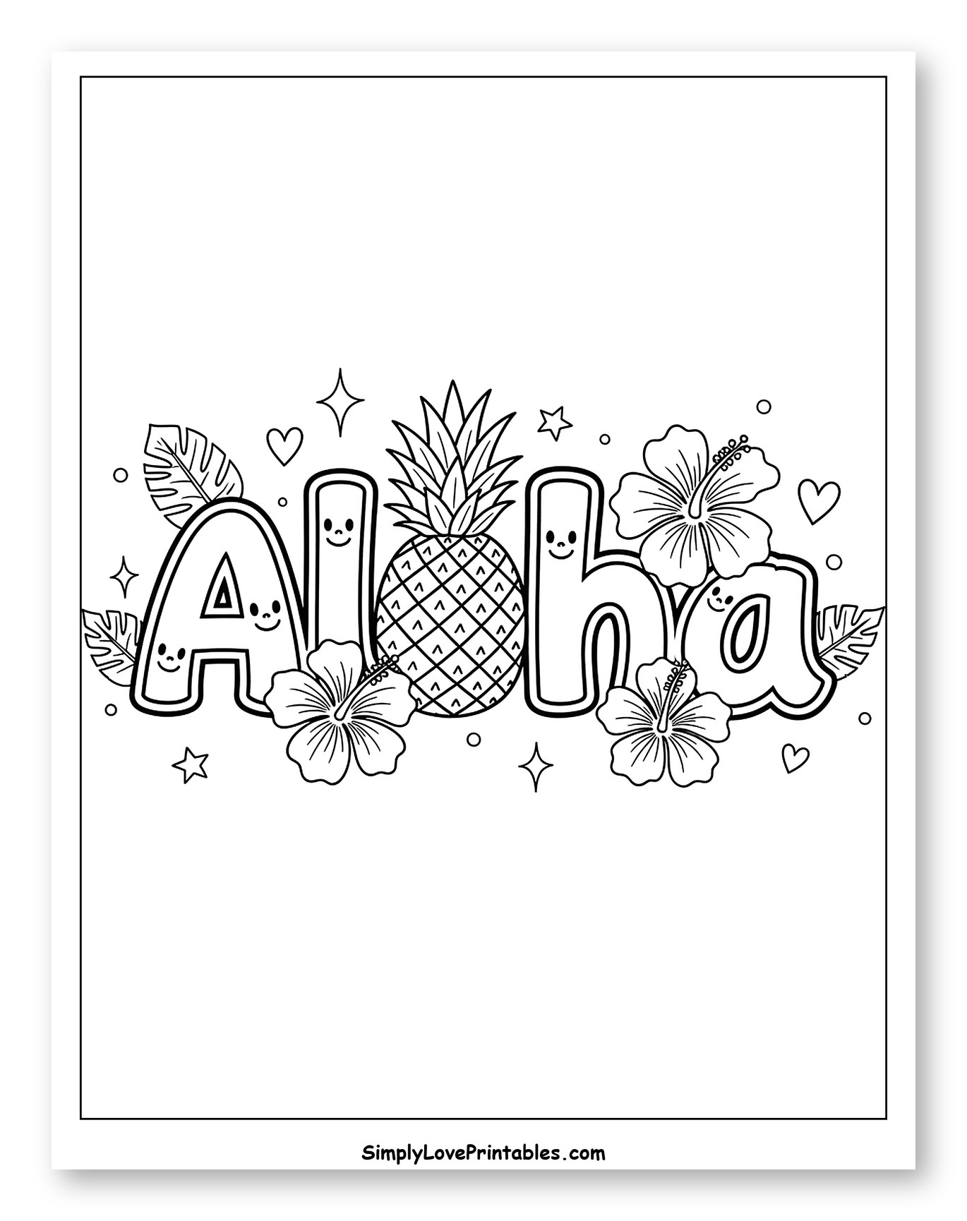 Sweet Aloha Text with Pineapple and Hibiscus Coloring Page for Adults