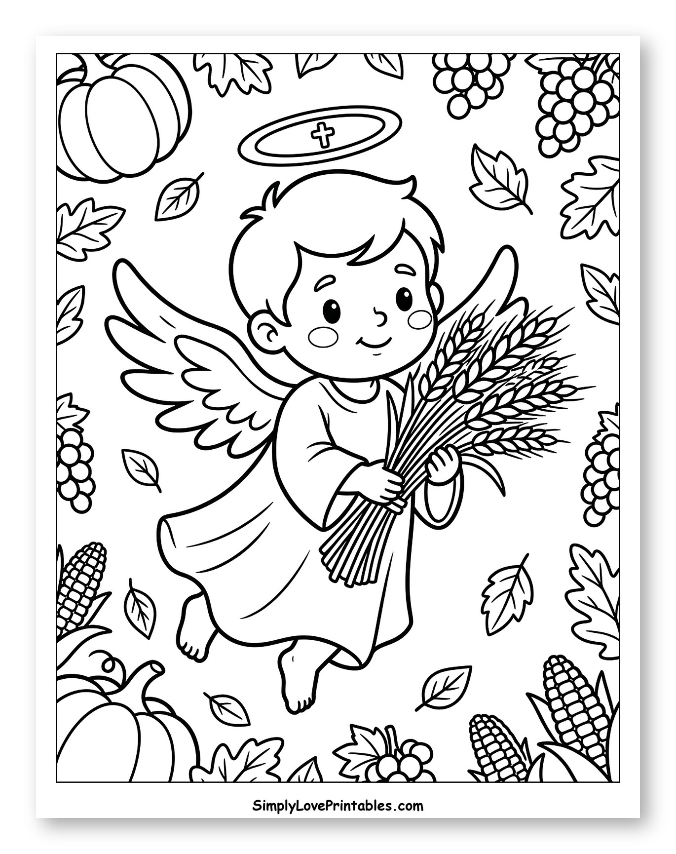 Sweet Angel Amidst Harvest Festivities Coloring Sheet for Kids