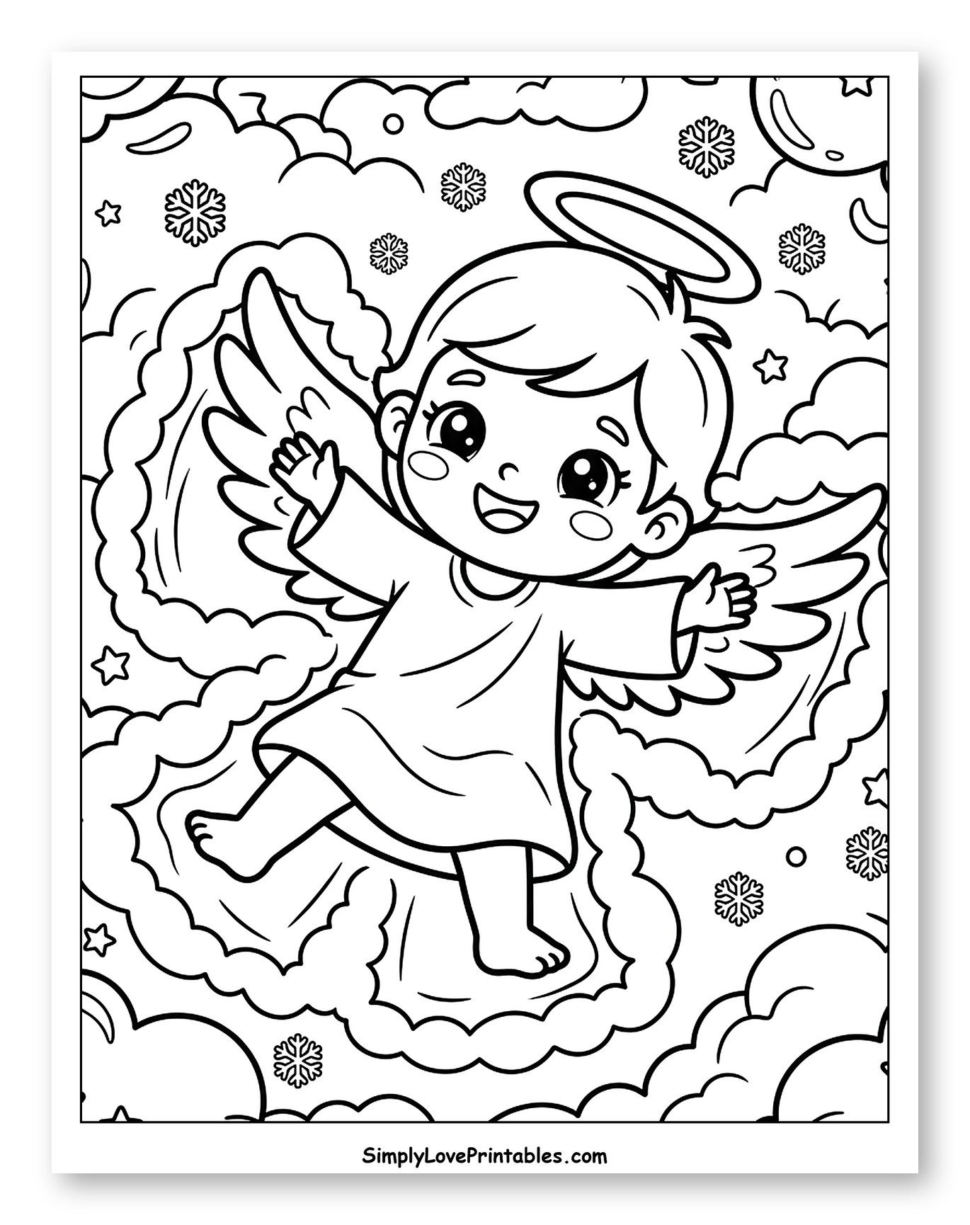 Sweet Angel Floating Among Stars and Snow Coloring Sheet for Kids