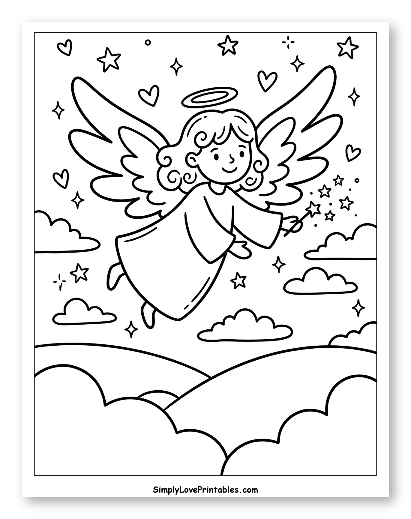Sweet Angel Flying Among Clouds and Stars
