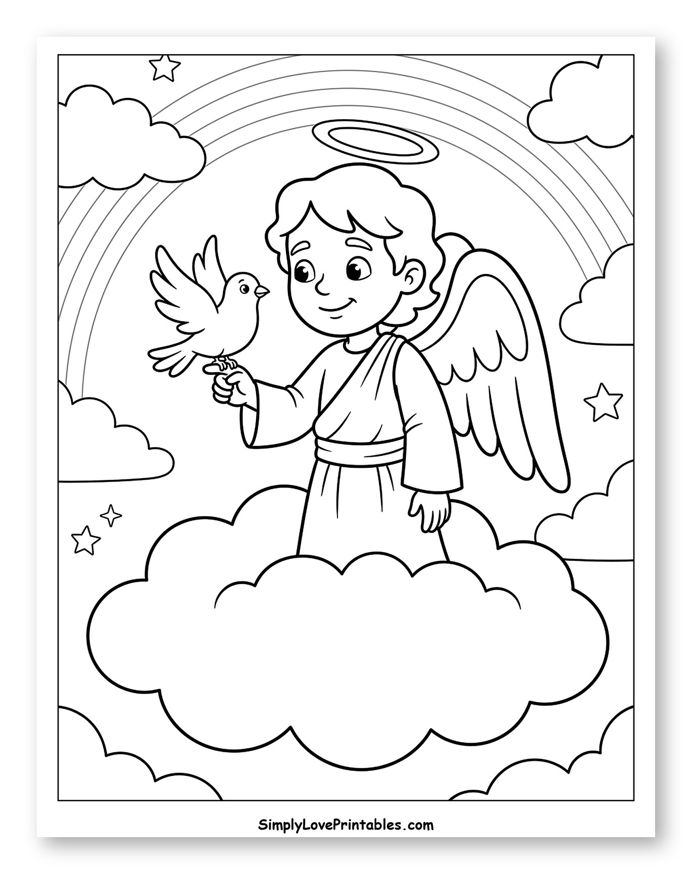 Sweet Angel Holding a Dove on Clouds