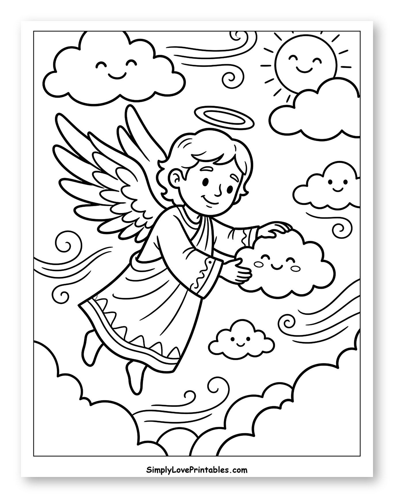 Sweet Angel Touching a Happy Cloud to Color for Kids