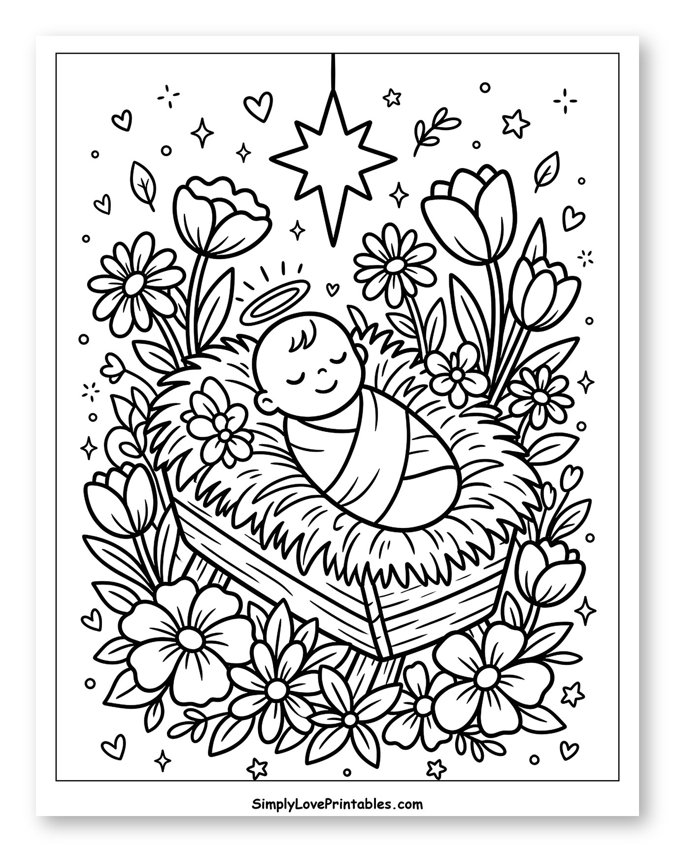Sweet Baby Jesus in a Flowery Manger to Color for Adults