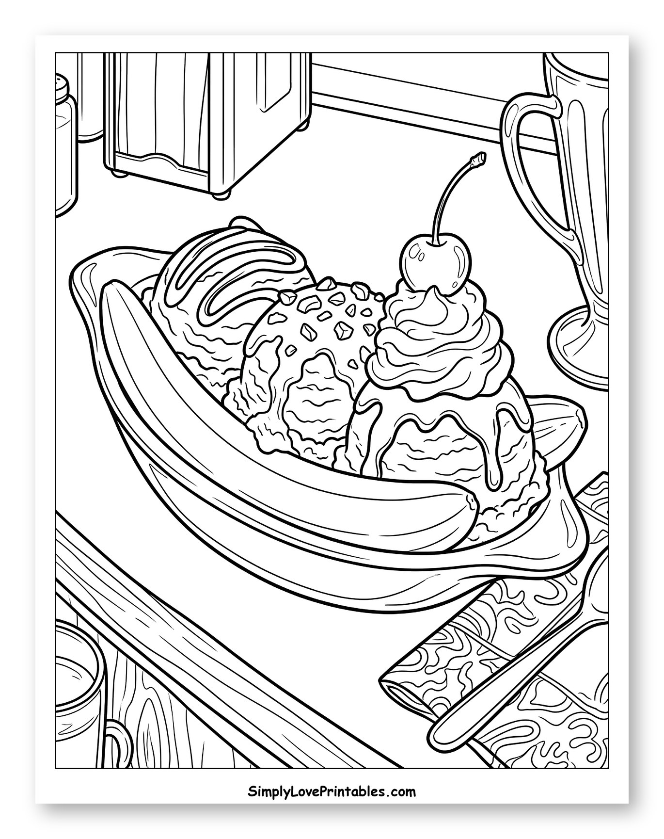 Sweet Banana Split at a Diner Counter Coloring Sheet