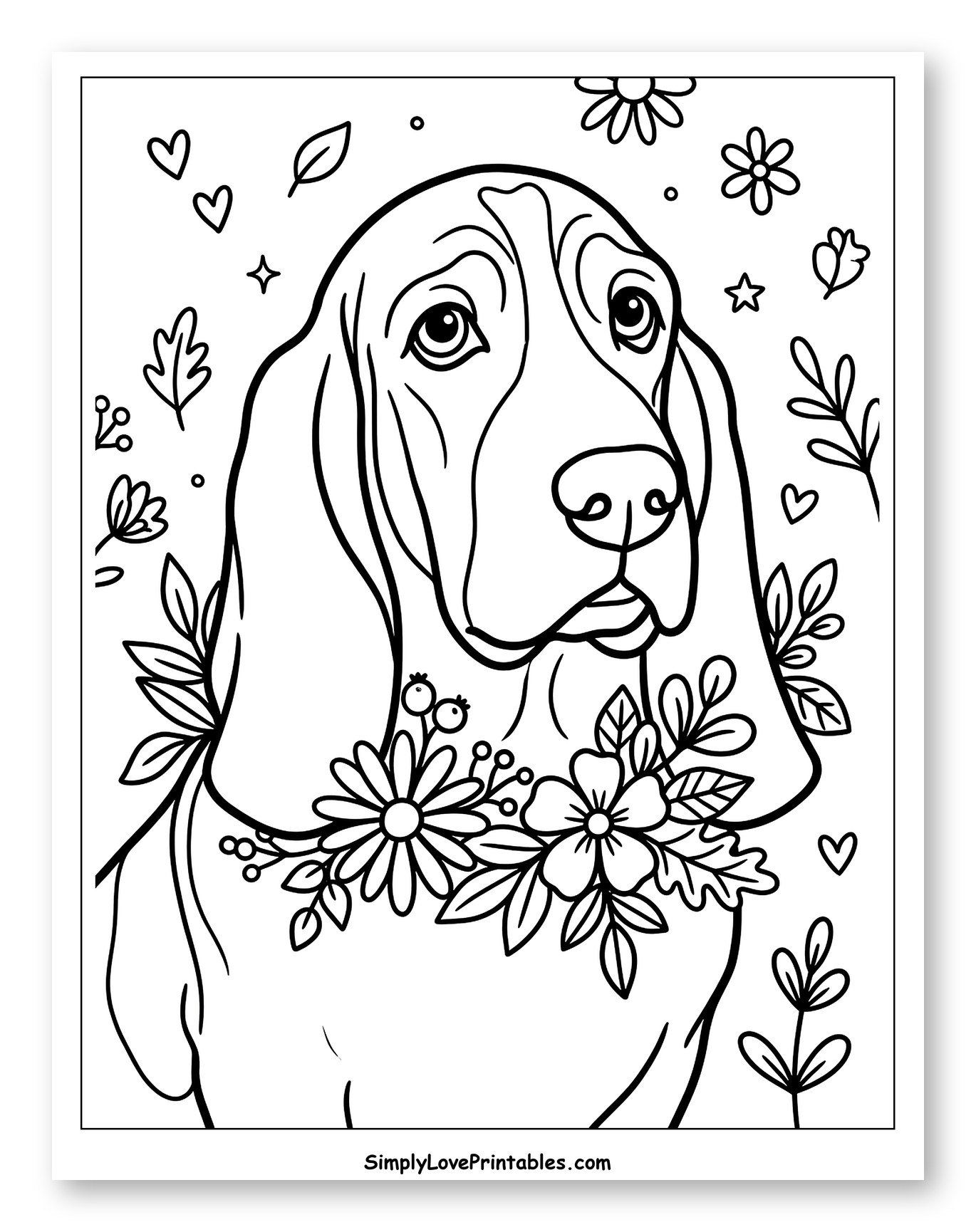 Sweet Basset Hound Surrounded by Flowers to Color for Adults