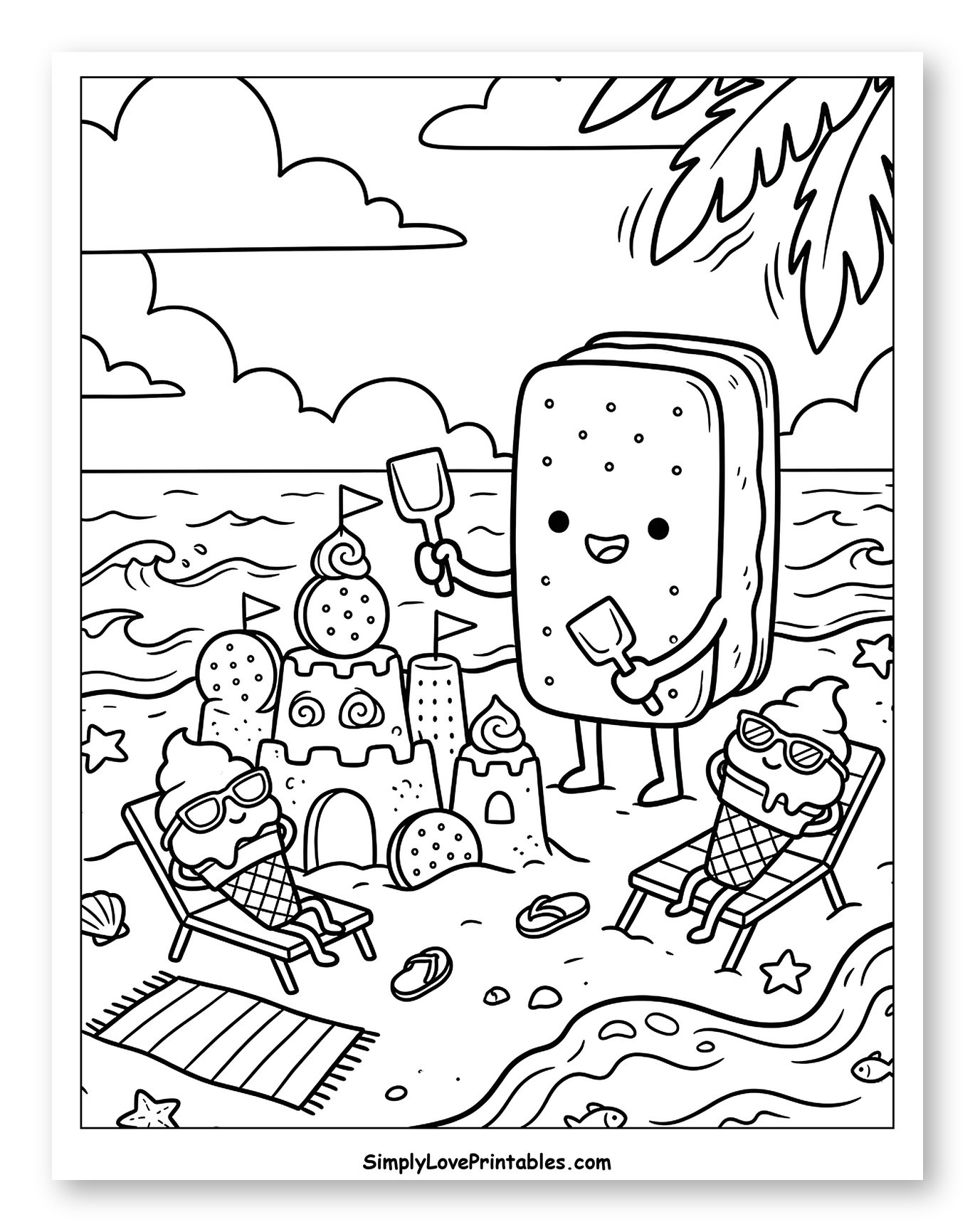 Sweet Beach Vacation with Ice Cream Coloring Sheet for Kids
