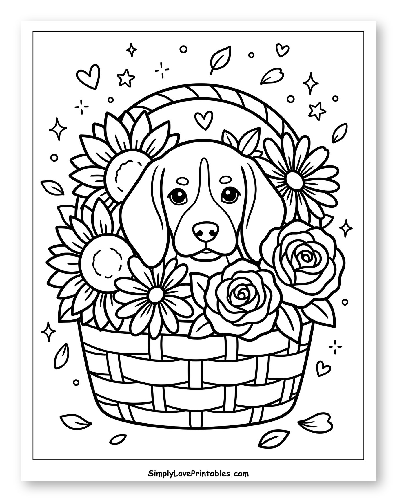 Sweet Beagle in a Flower-Filled Basket Coloring Page for Adults