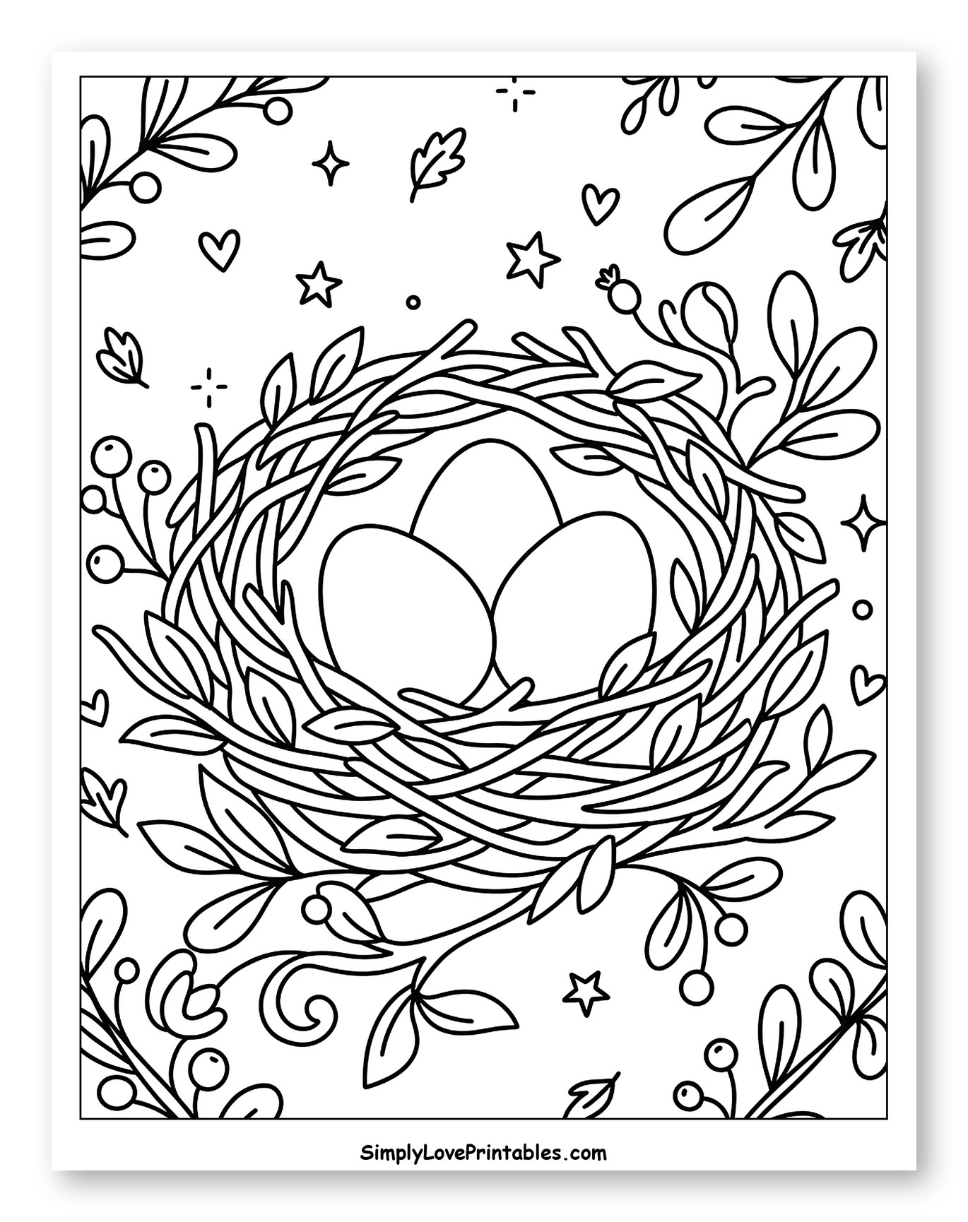 Sweet Bird Nest with Eggs and Foliage Decorations Coloring Sheet for Adults