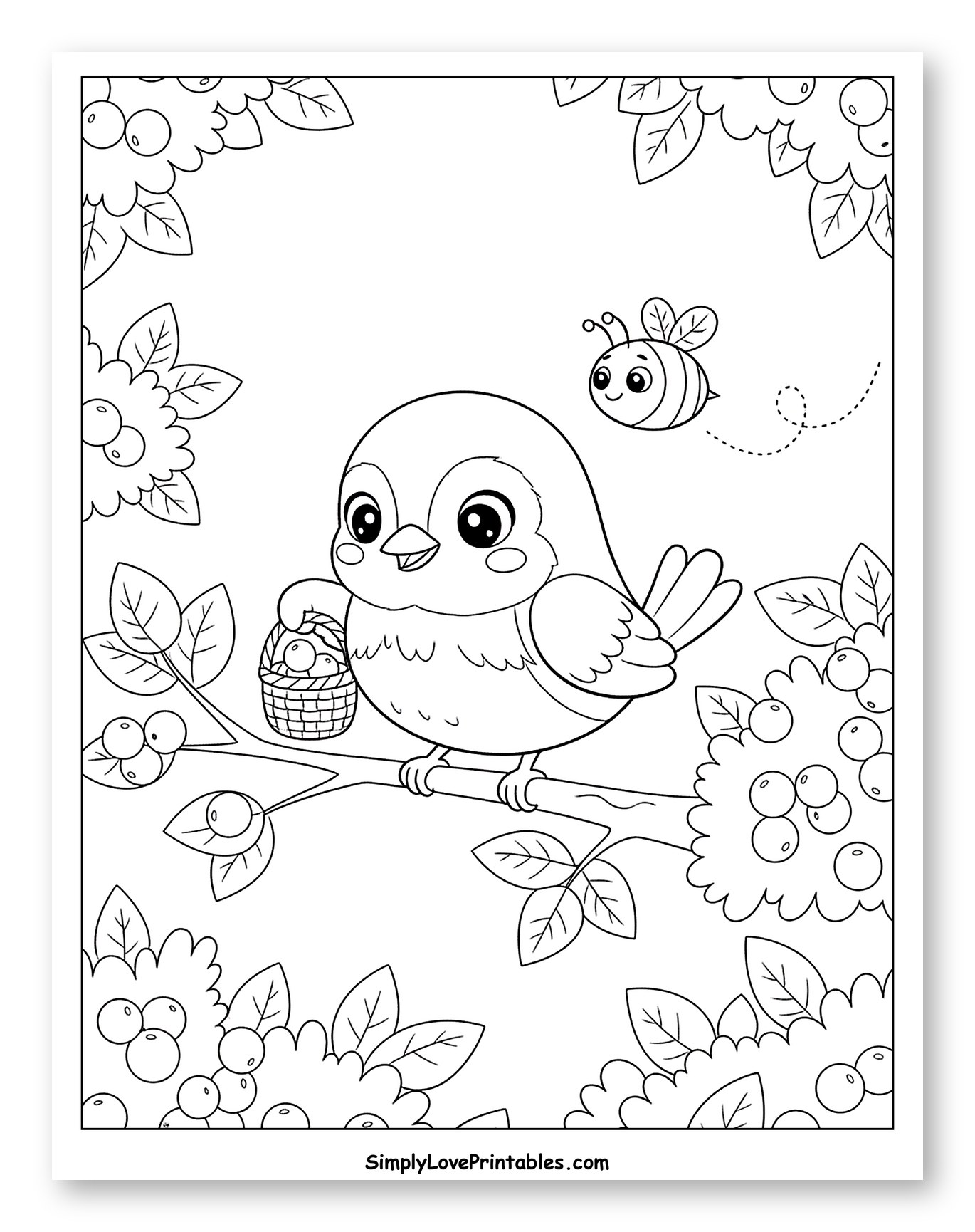 Sweet Bird on Branch with Basket and Bee Coloring Page for Kids